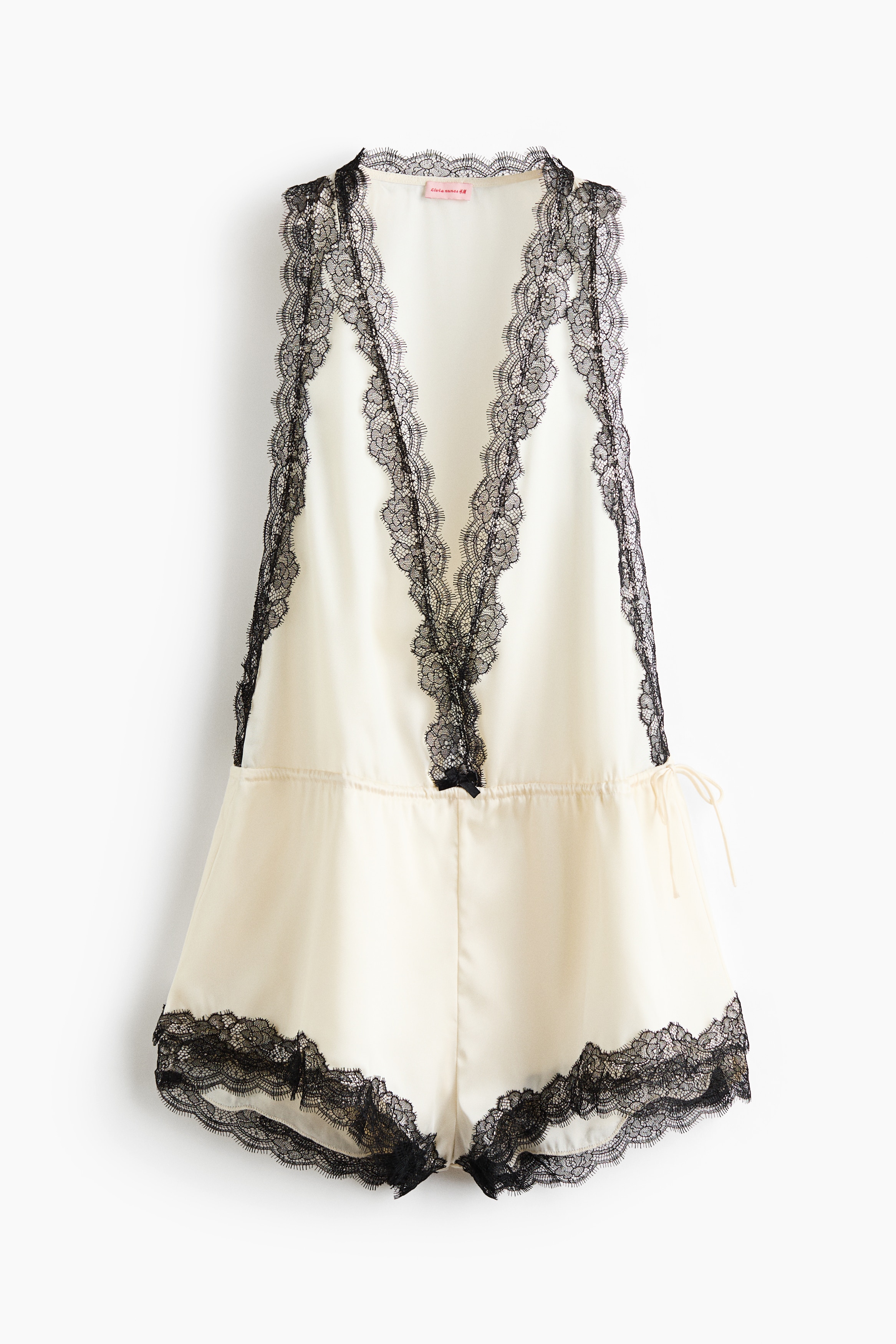 Lace-trimmed satin playsuit - Light beige/black