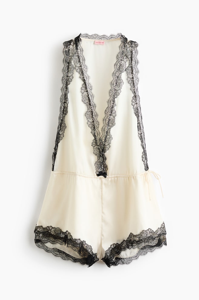 Lace-trimmed satin playsuit - Light beige/black - 1