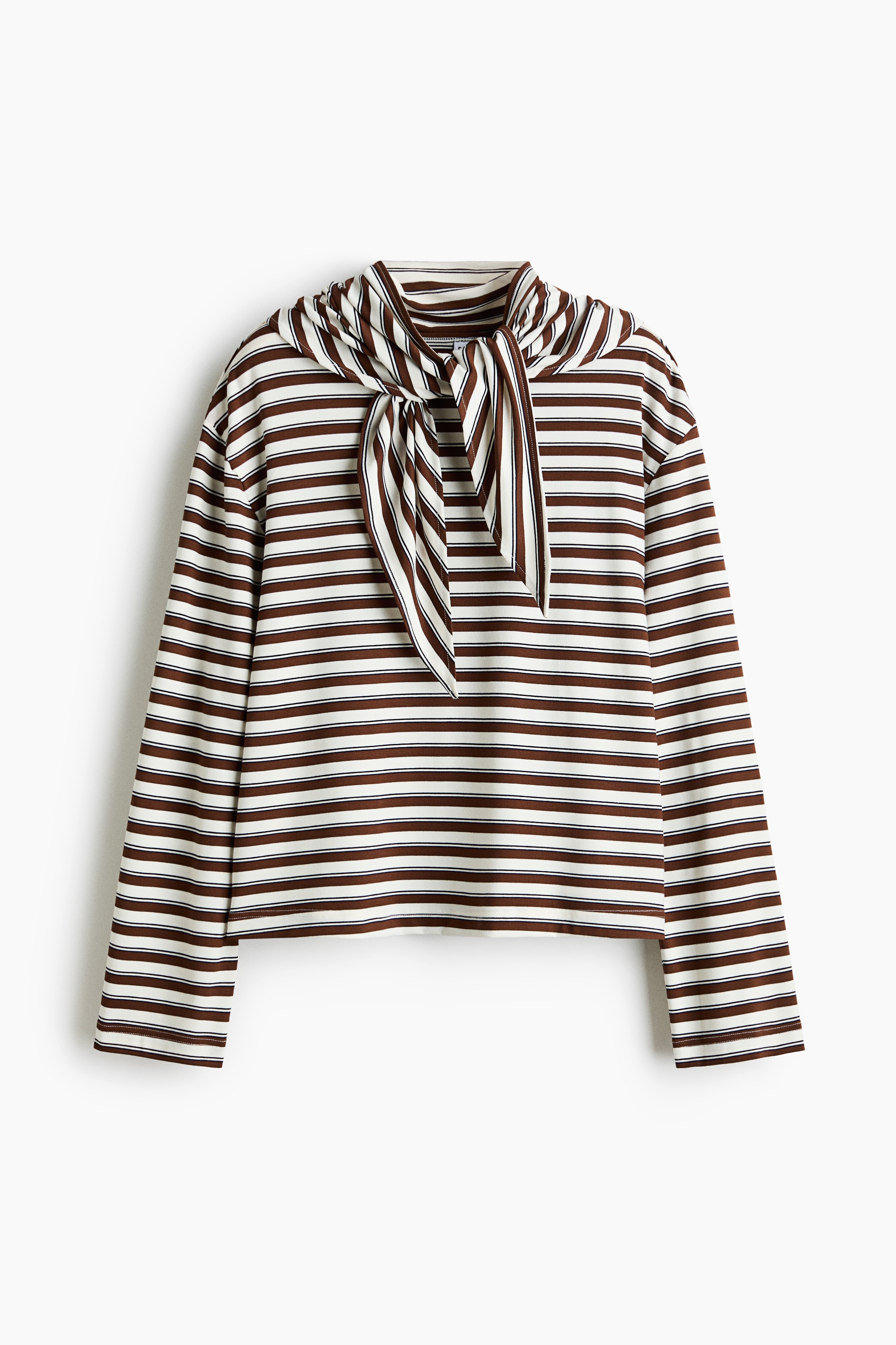 Long-Sleeved Scarf-Collar Top - Cream/striped