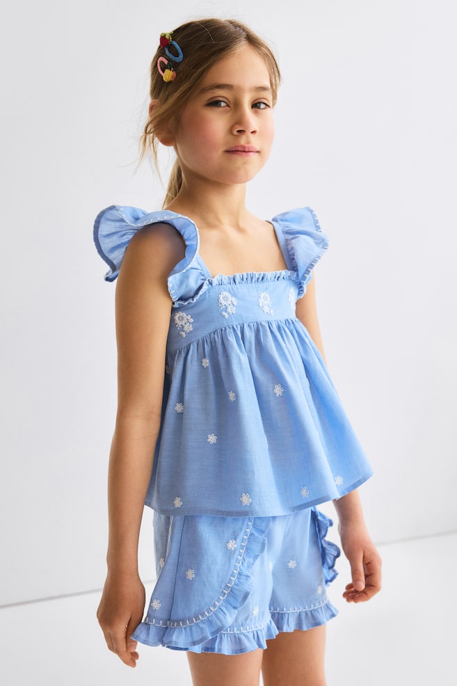 2-piece embroidered cotton set - Light blue/Floral - 5