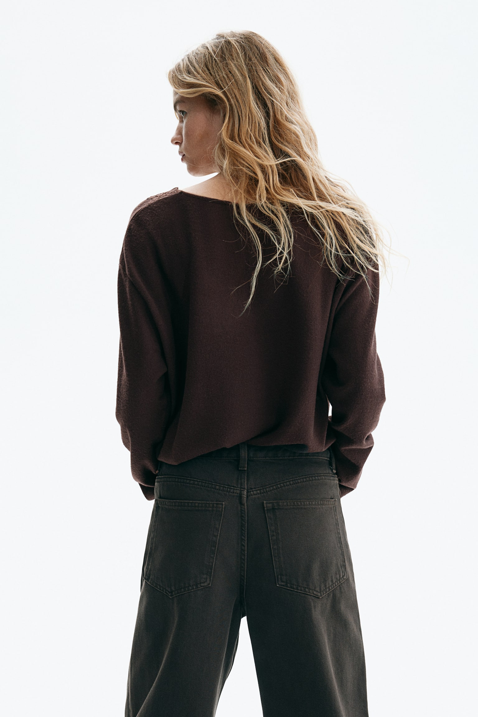 Lace-trimmed knitted top - Dark brown/White/Light blue - 6