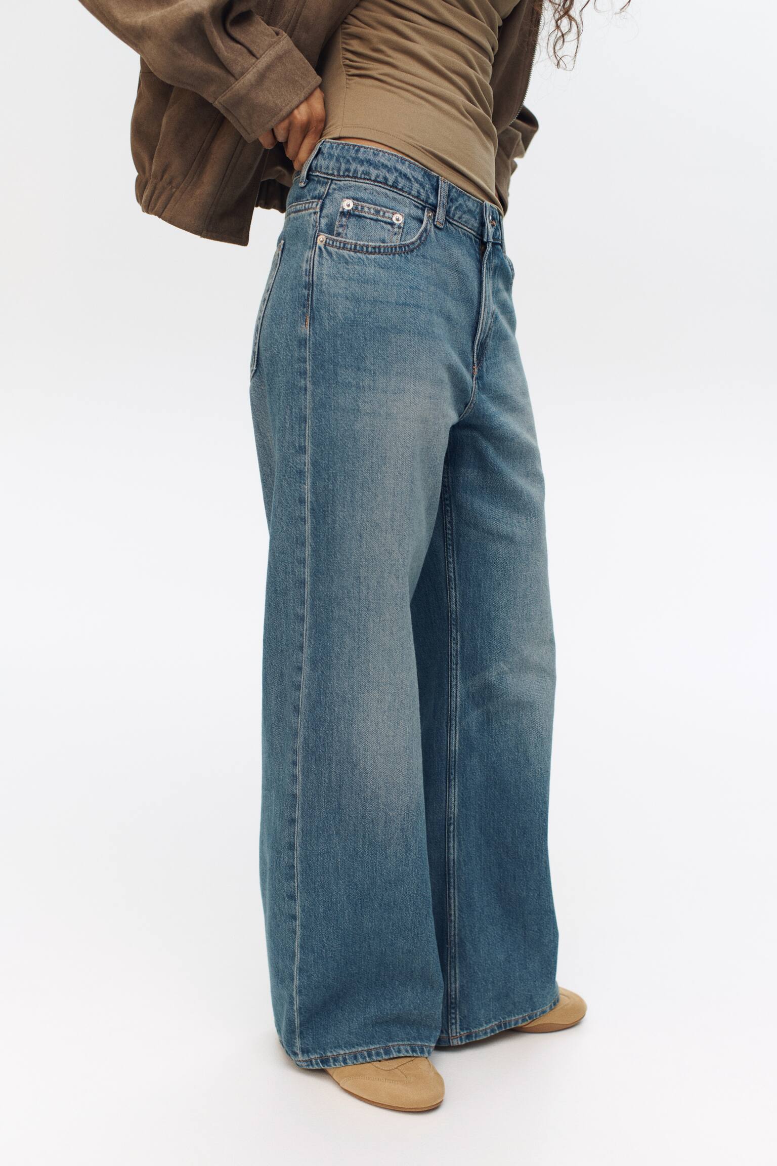 Baggy Regular Waist Jeans - Washed Denimblau/Weiss/Hellgrau/Hellbeige - 4