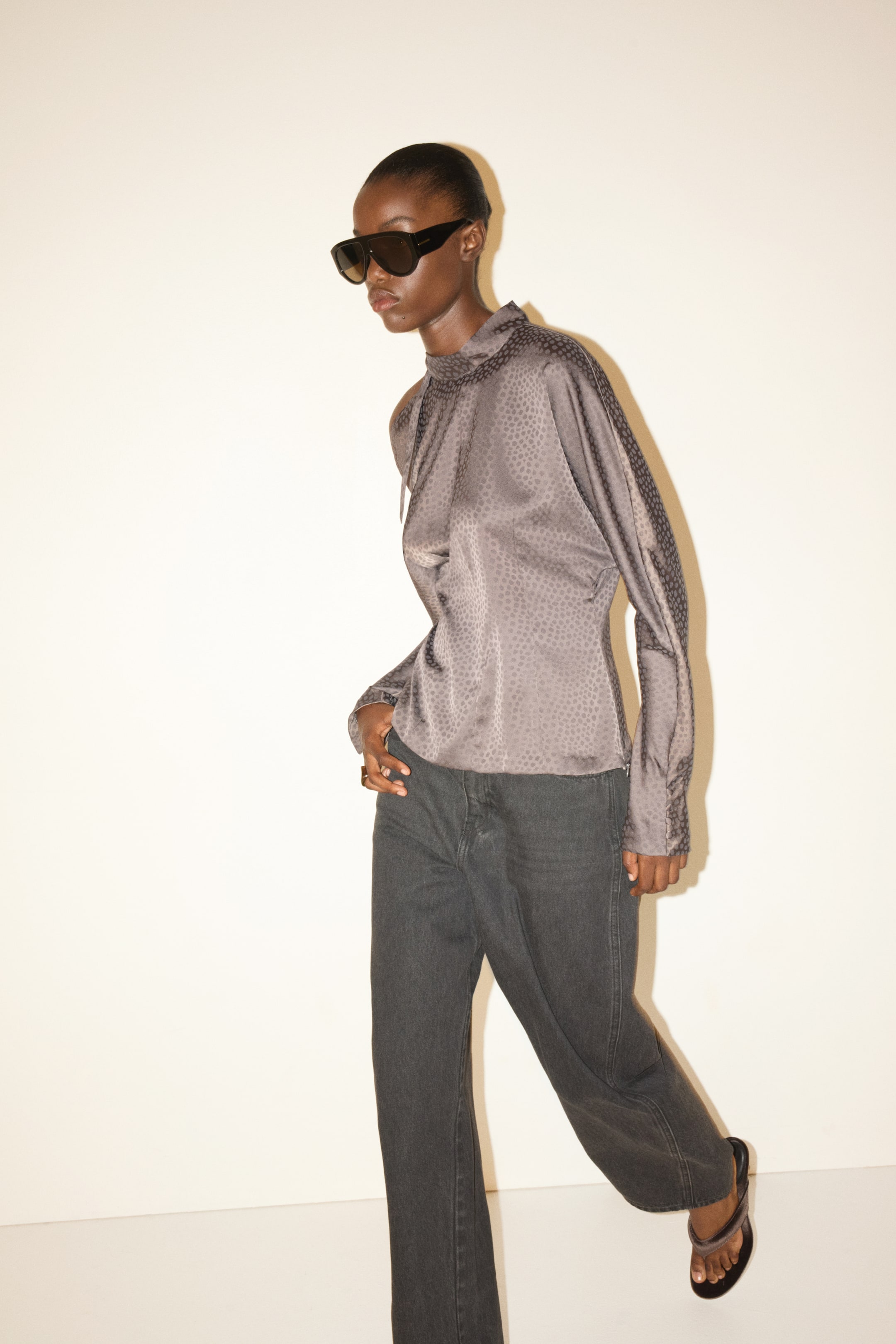 Jacquard-Weave Bow-Collar Blouse