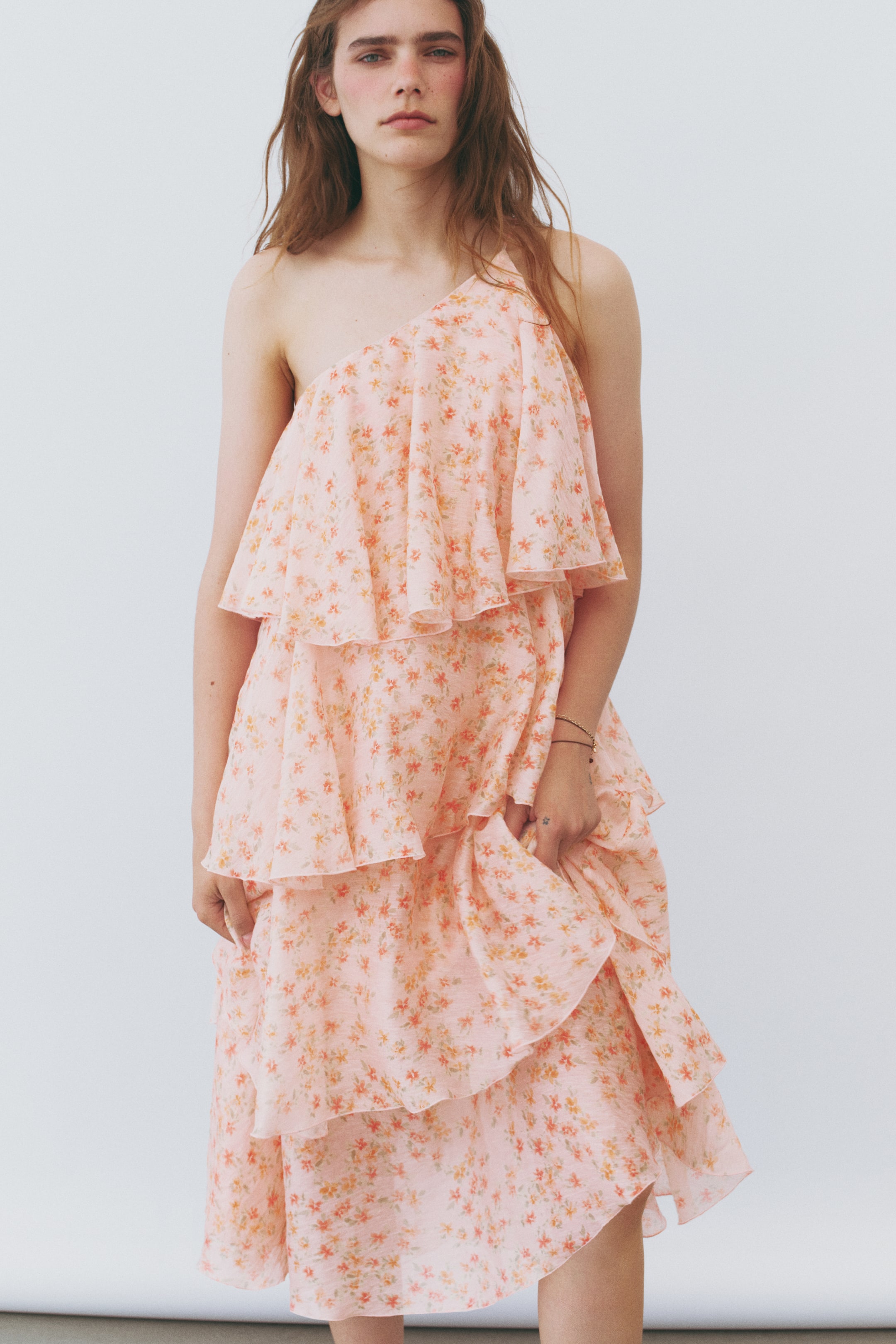Tiered One-Shoulder Linen-Blend Dress