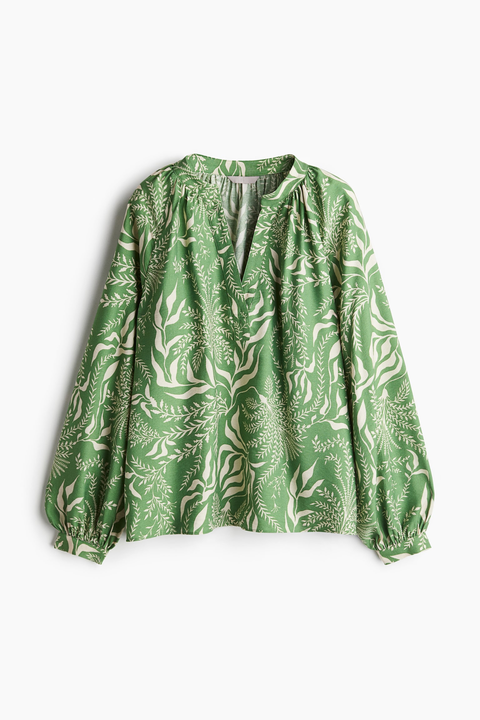 Balloon Sleeve Blouse - Green/Pattern/White/Stripe - 2