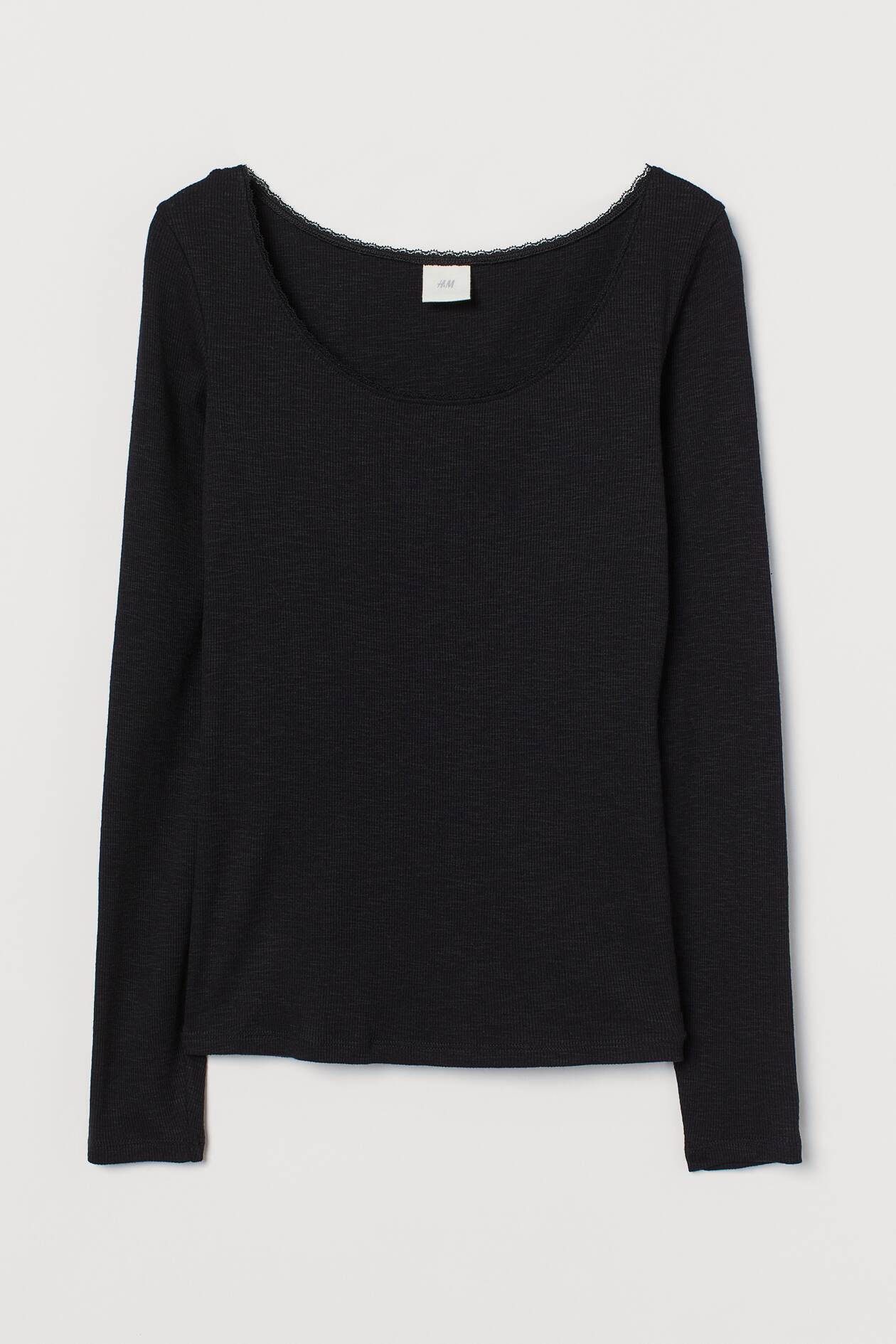 Ribbed Modal-blend Top - Low-cut Neckline - Long sleeve - Black ...