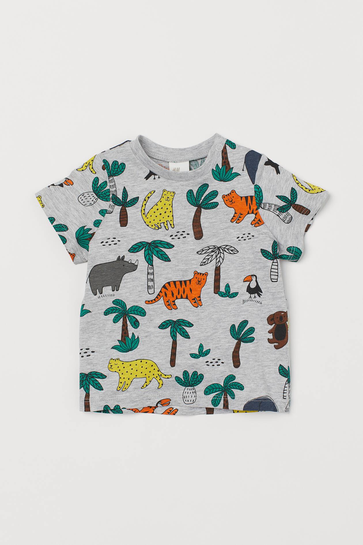 Cotton T-shirt - Round Neck - Short sleeve - Gray melange/animals ...