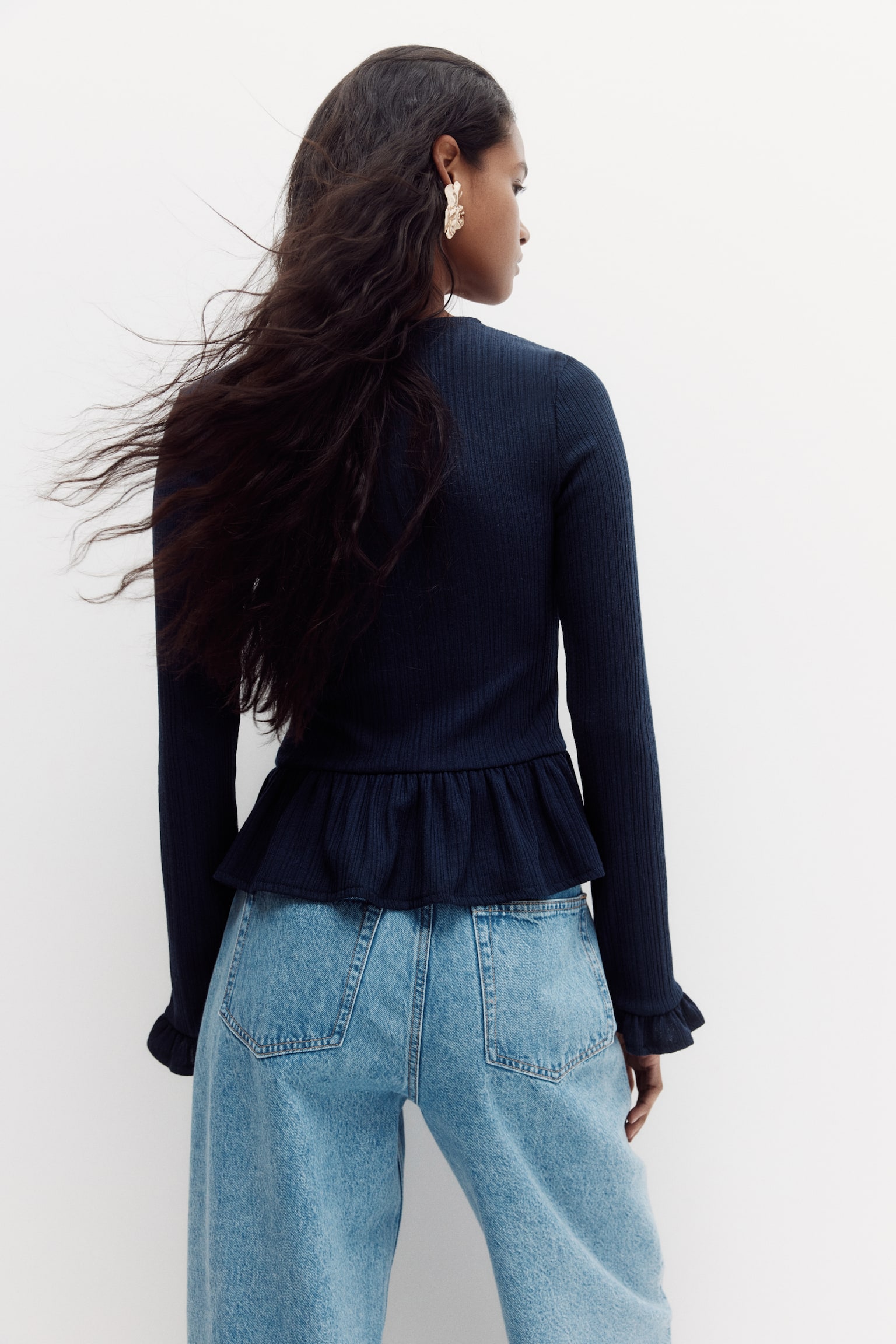 Propínací svetr peplum z žebrovaného úpletu - Námořnická modř/Krémová - 4