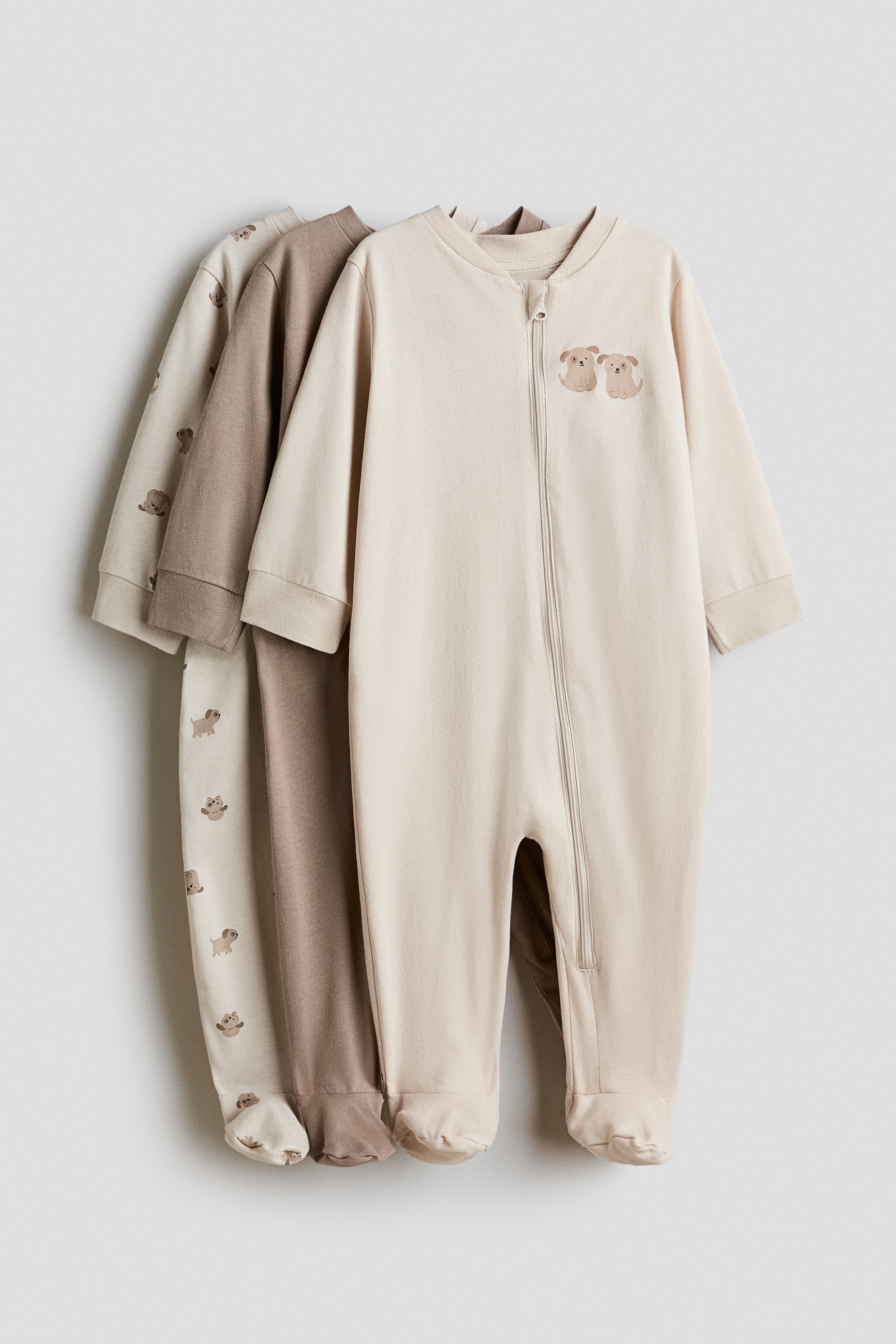 H & M - 3er-Pack Schlafanzüge mit Reißverschluss - Beige - Kinder