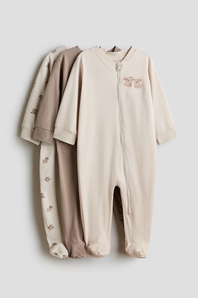 3-pack Pajama Jumpsuits with Zipper - Beige/puppies - 1