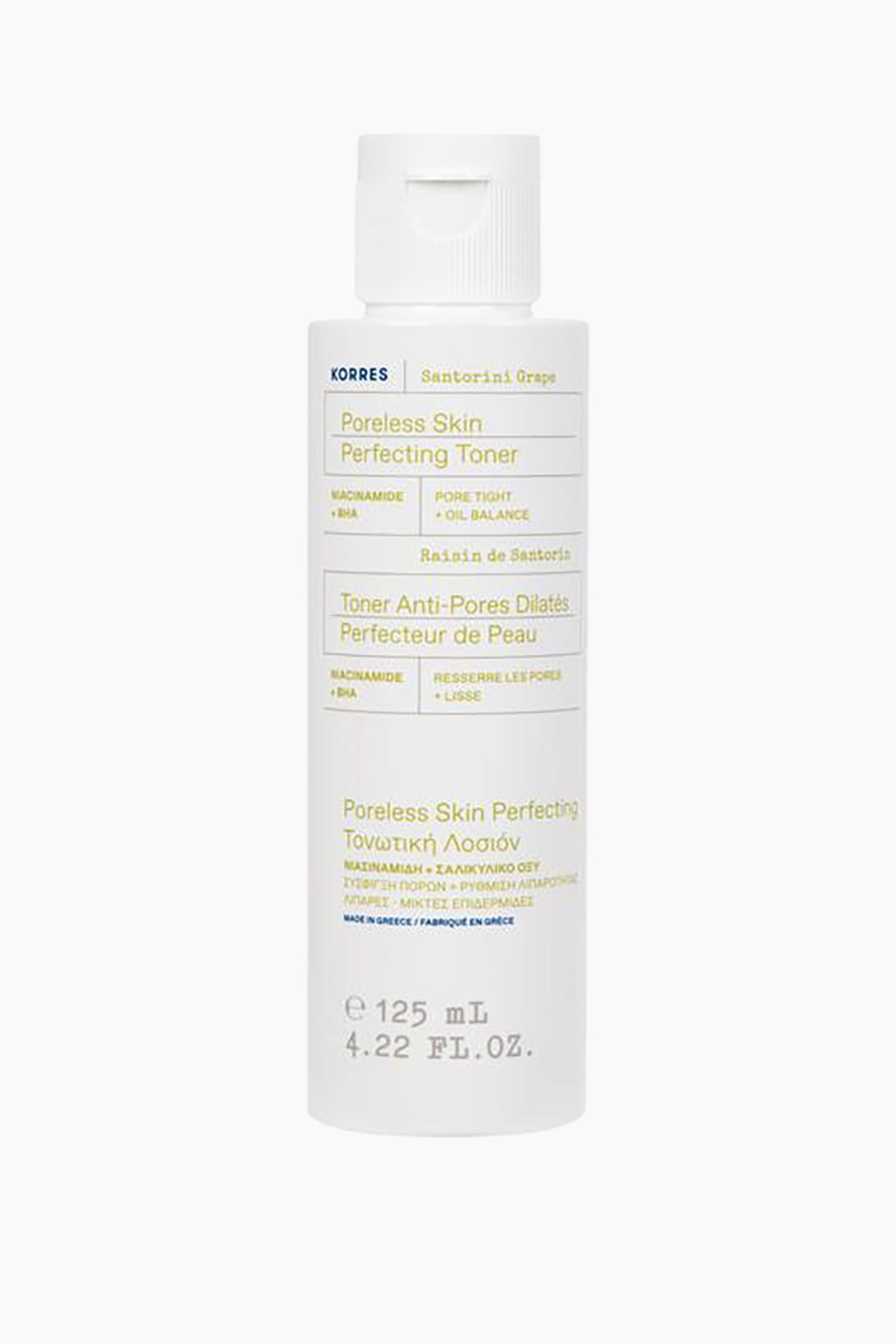 Se større billede: En hvid cylindrisk flaske med Korres Poreless Skin Perfecting Toner står oprejst og vender fremad. Den har en hvid flip-top låg og en etiket, der beskriver produktnavnet, "Niacinamid + BHA" ingredienserne samt "125 mL" volumen på engelsk, fransk og græsk.
