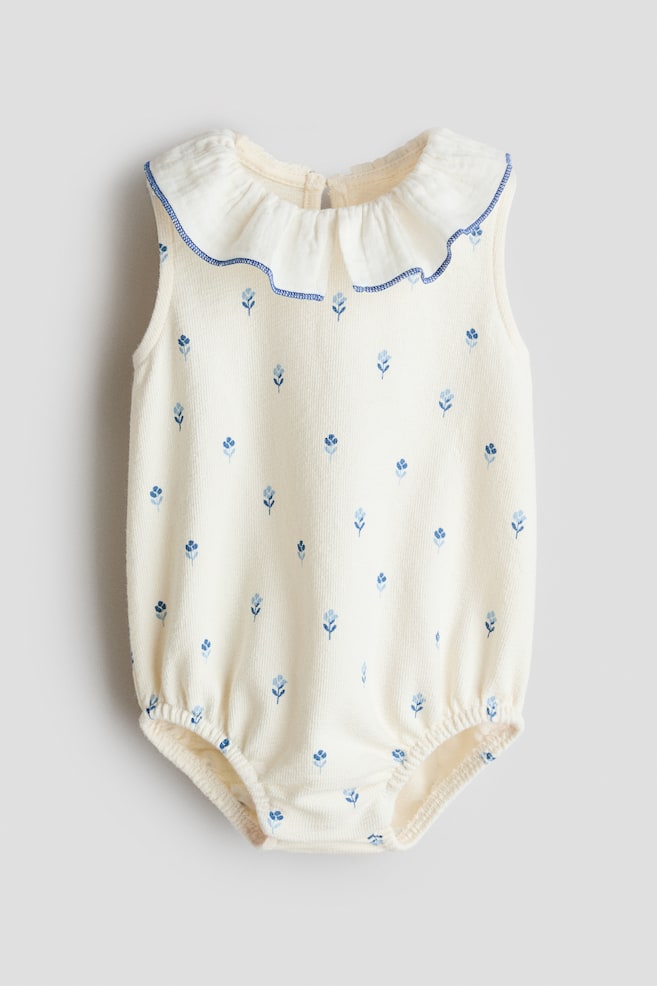 Muslin-collar cotton romper suit - Cream/Floral - 1