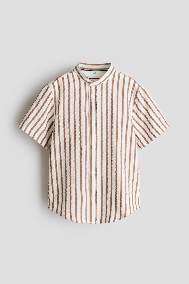 Cotton Seersucker Band-Collar Shirt - White/brown striped/White/White/blue striped - 1
