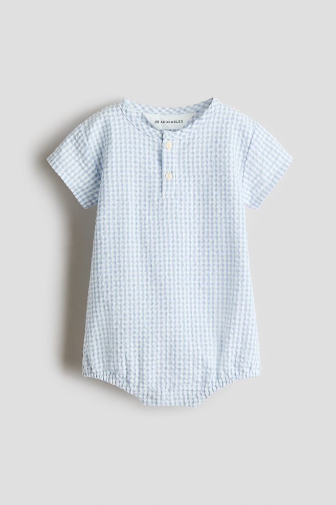 Cotton Seersucker Romper Suit - Light blue/checked - 1