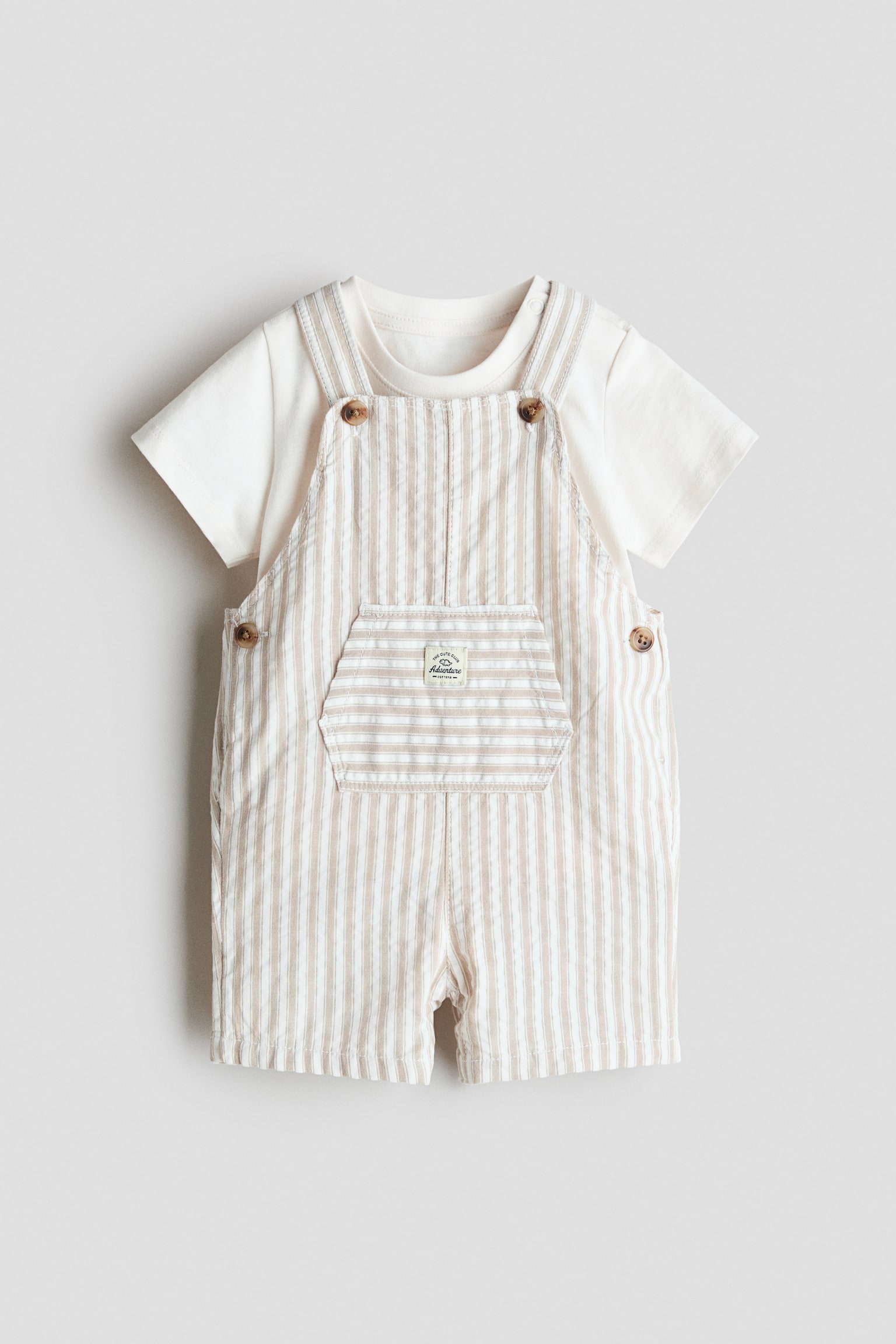 Ensemble 2 pièces salopette short et T-shirt - Blanc/rayures beiges/Blanc/rayures bleu clair - 1