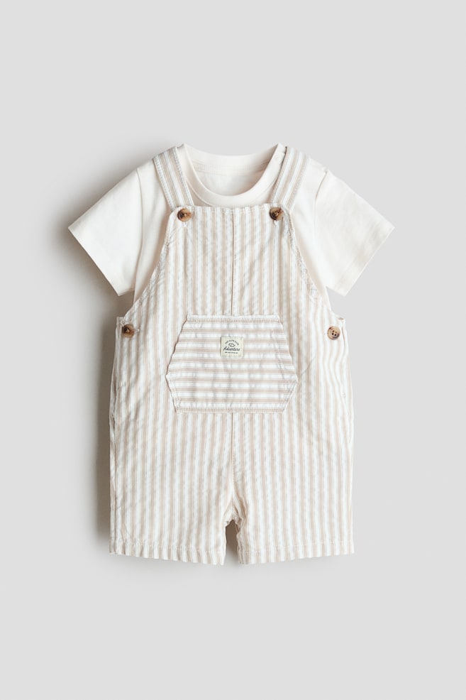2-delat set med hängselshorts och T-shirt - Vit/Beigerandig/Vit/Ljusblårandig - 1
