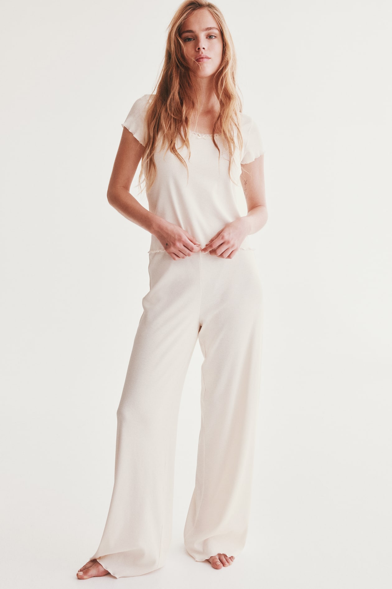 H&m Loungewear And Pyjamas Ribbed Pyjamas Cream Ladies H&M GB