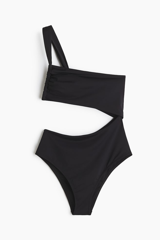One-Shoulder-Badeanzug mit Cut-out - Schwarz/Knallrot/Dunkelrosa - 1