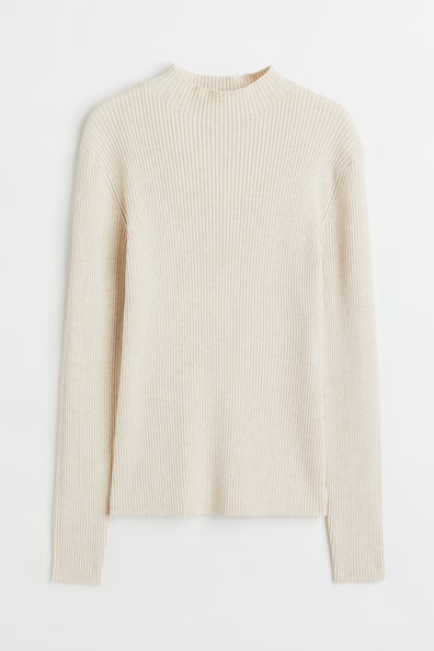 Rib-knit jumper - Long sleeve - Regular length - Light oat beige ...