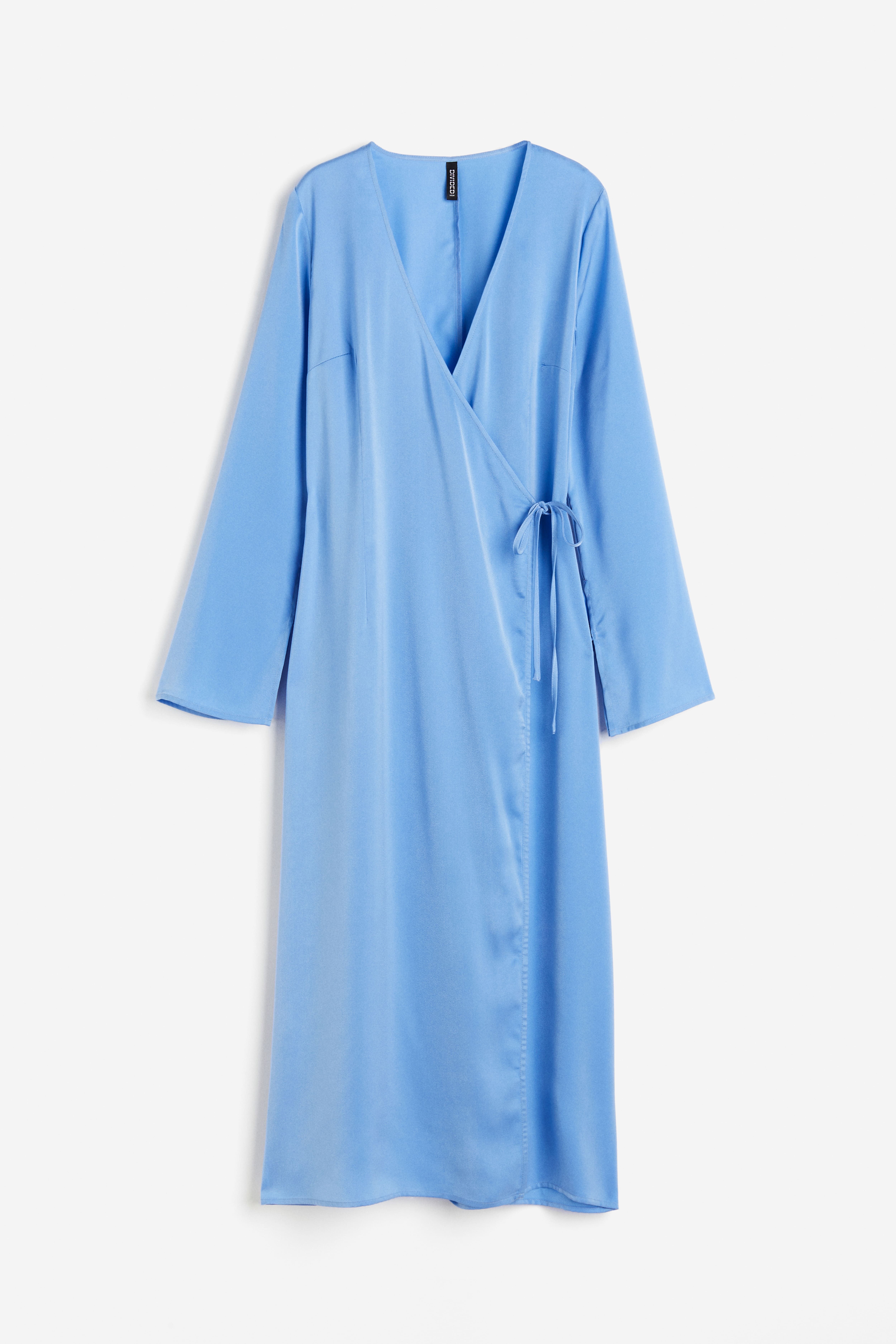 Satin Wrap Dress - V-neck - Long sleeve - Blue - Ladies | H&M US