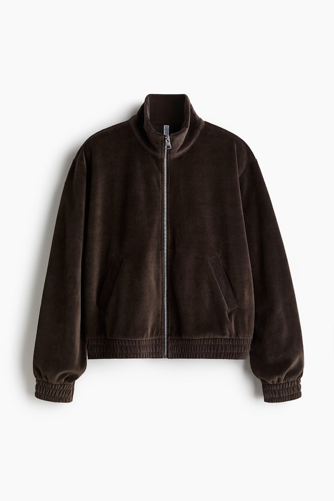 A short, loose-fit jacket in soft velour, FRONT, is displaying a stand collar and a zip closure running down its front. Diagonal welt pockets are showing at the front, and smocked elastication is gathering the cuffs and hem. - 1