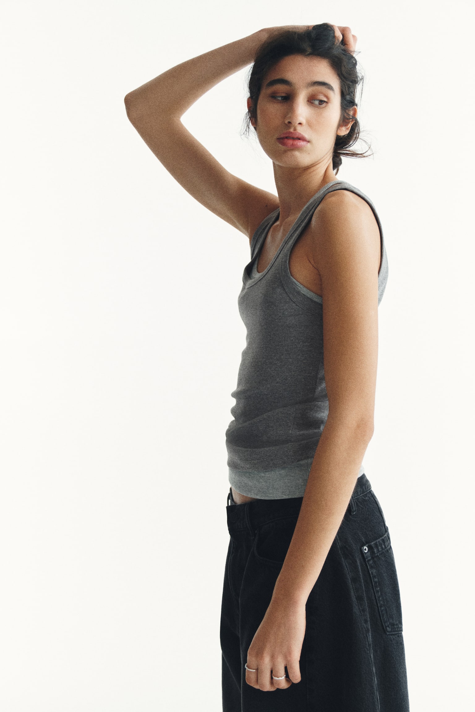 Ribbed vest top - אפור מלאנז'/לבן/שחור - 3