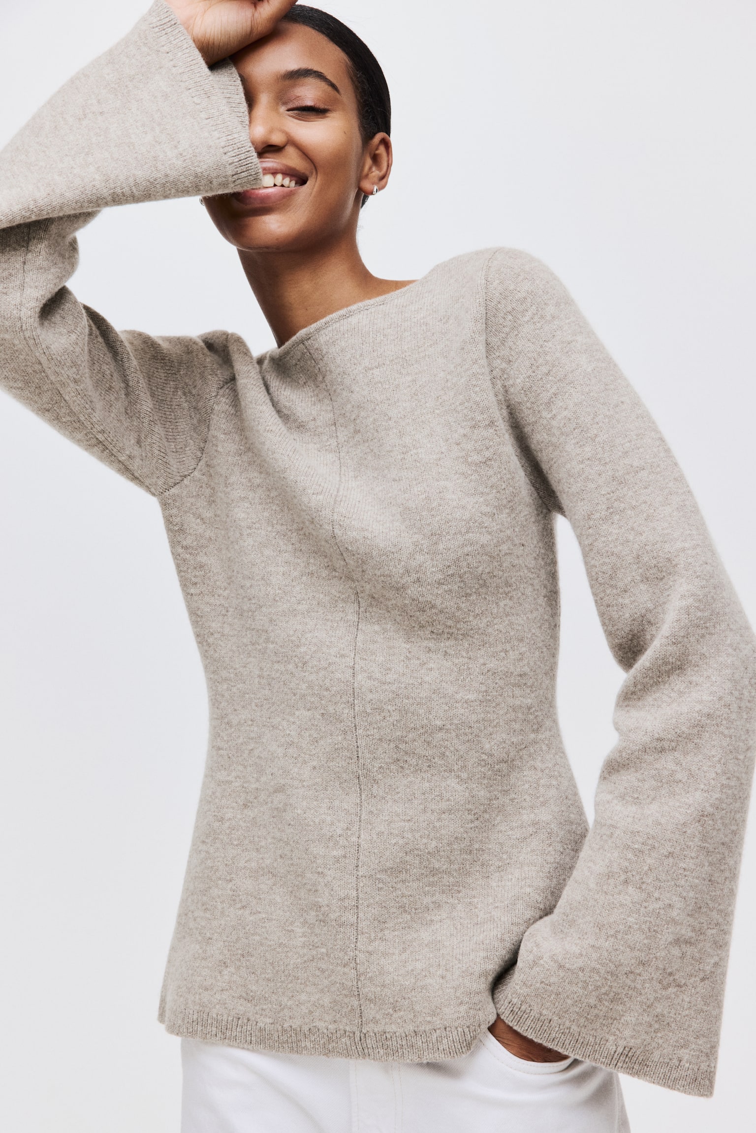 Top de lana en peplum - Beige jaspeado claro/Negro/Beige claro - 3