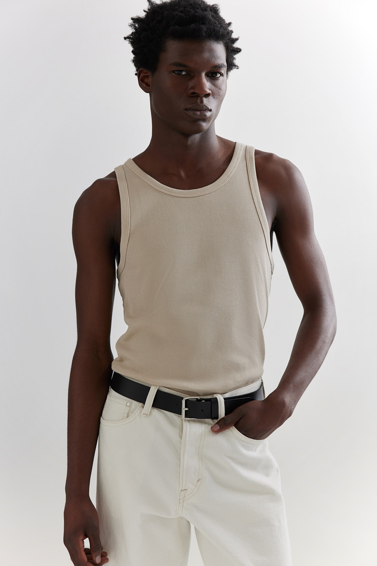 Slim Fit Rib Tank - Light beige/White/Black/Grey marle/Brown/Sage green - 1