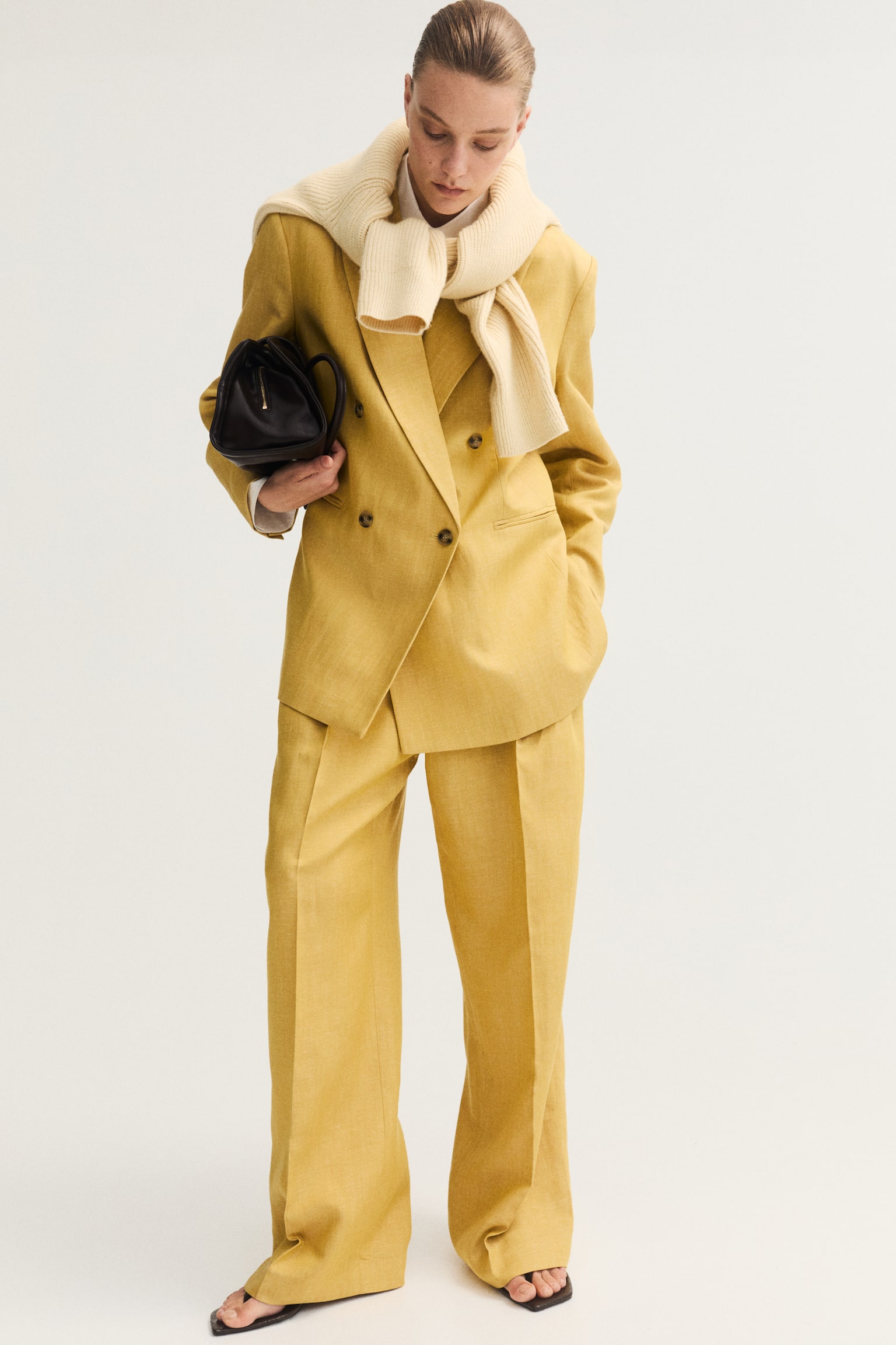 Double-breasted linen-blend blazer - Yellow - 5