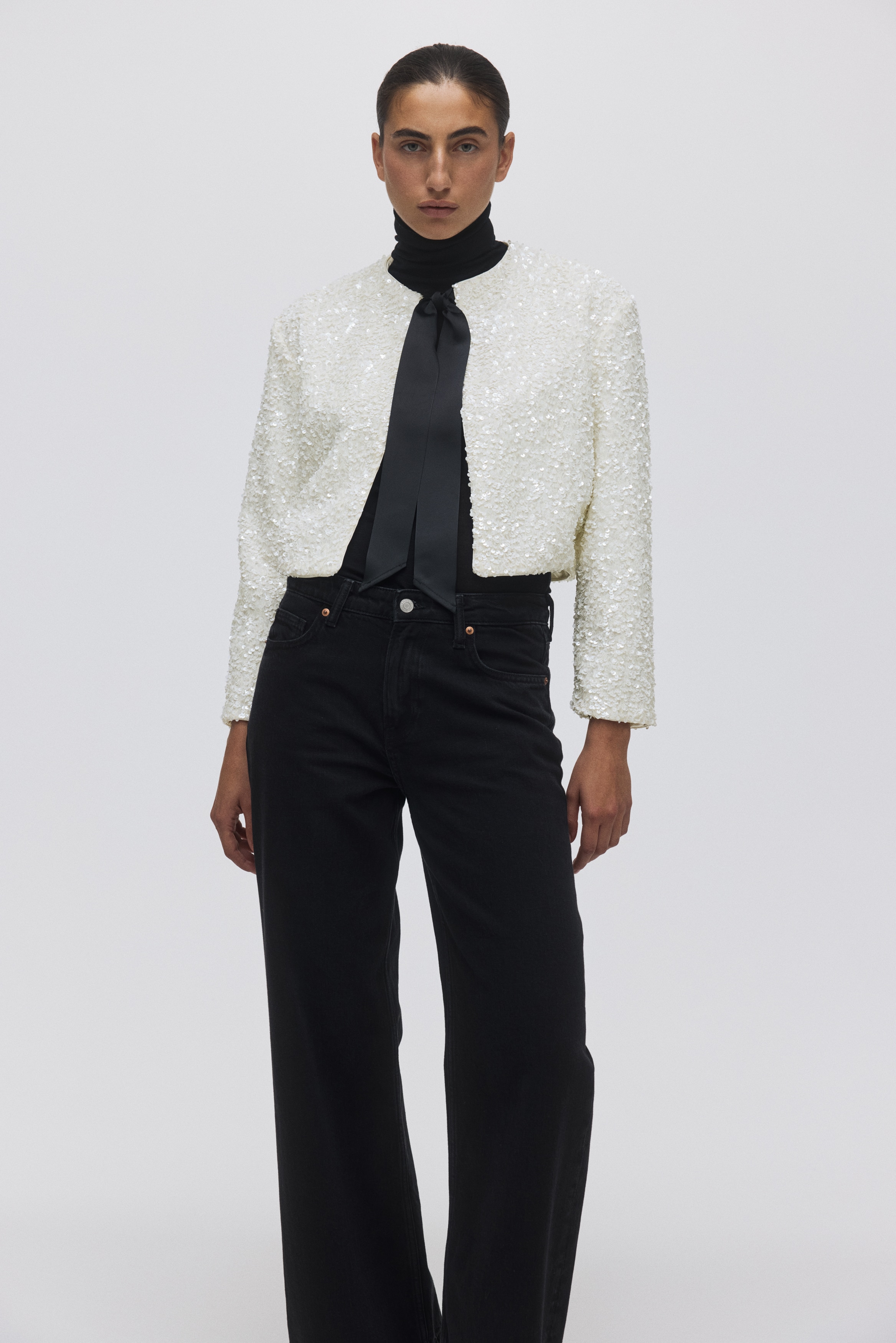 Ladies - Cream Tie-detail sequined jacket - Size: XS  - H&M