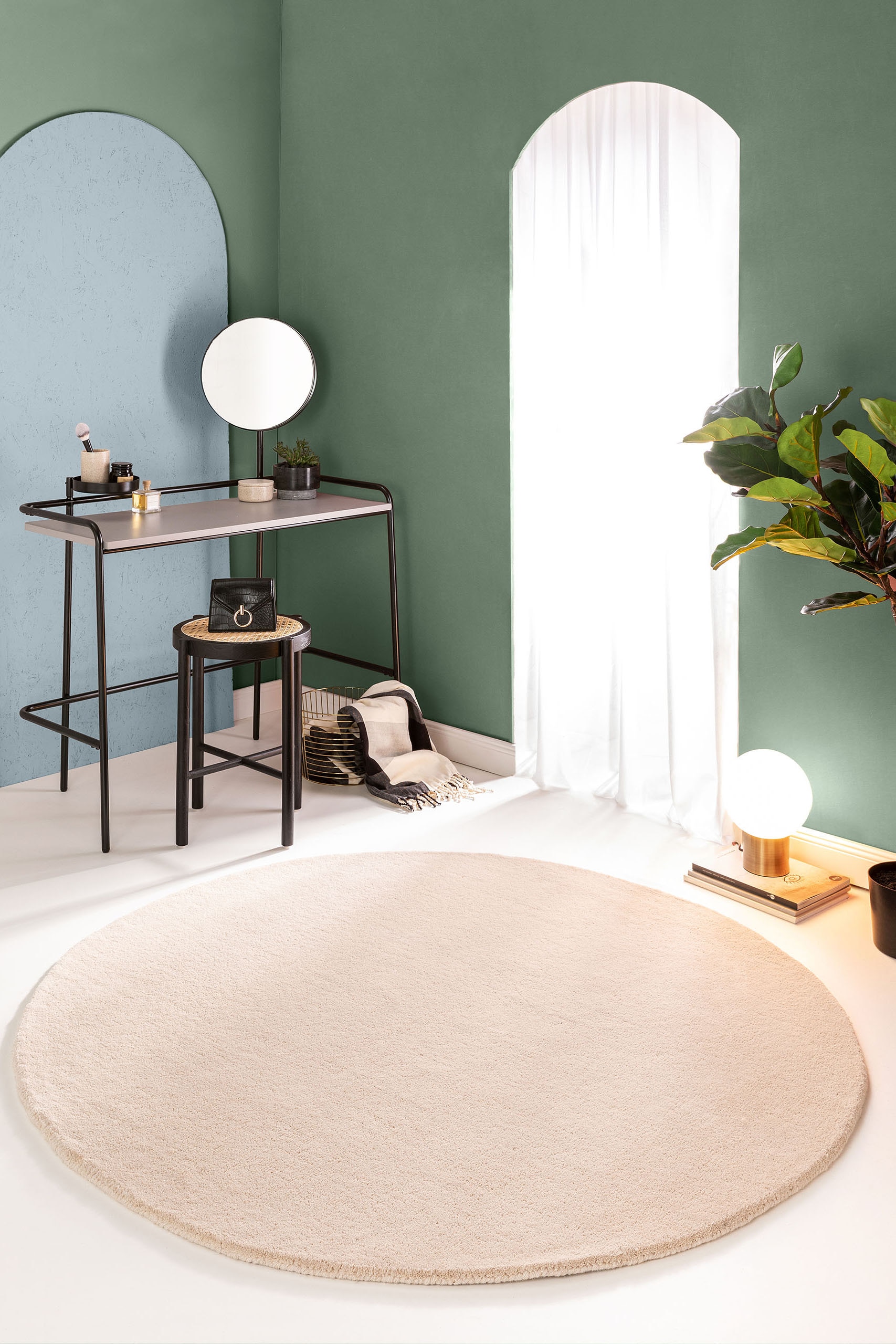 Tapis En Laine Rond Bent - Crème/Vert