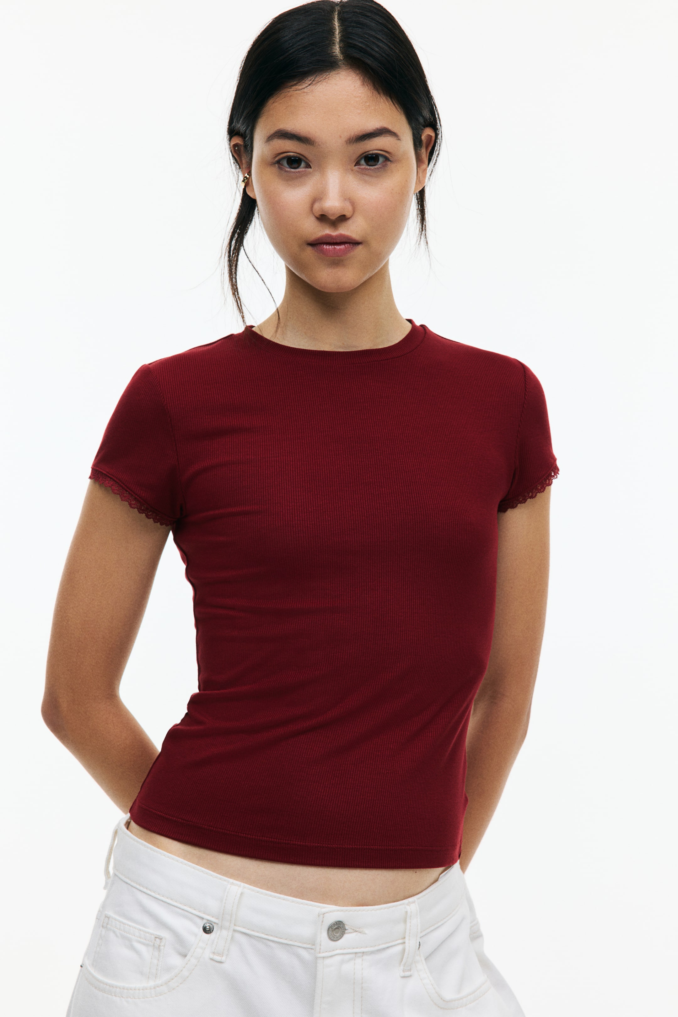 Lace-Trimmed Ribbed T-Shirt