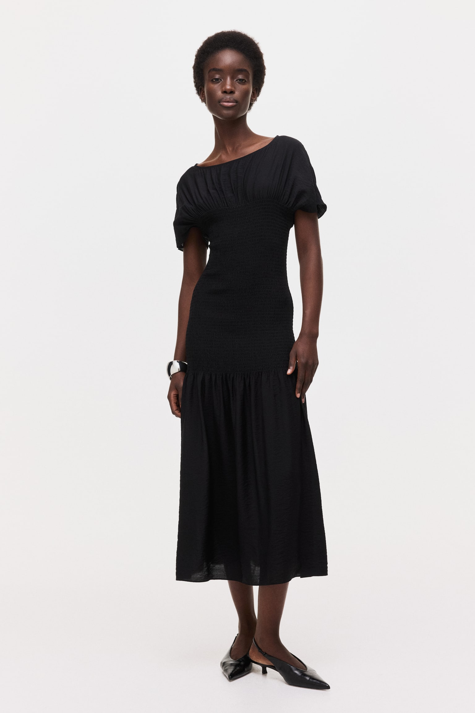 Smocked-detail dress - Black/Light beige/Leopard print - 4