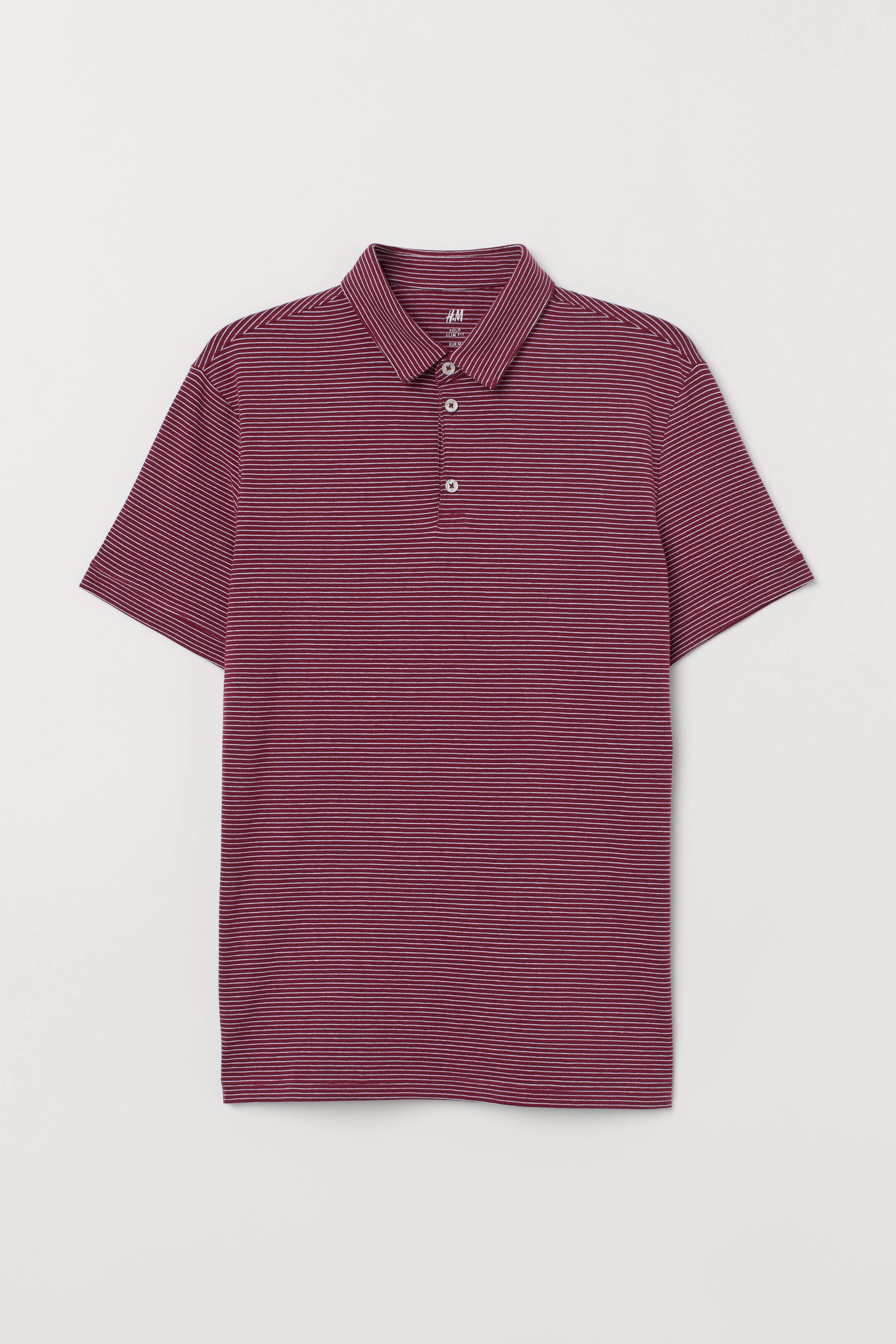 Größeres Bild ansehen: Poloshirt Slim Fit - Weinrot/Weiß gestreift - Men | H&M DE 1