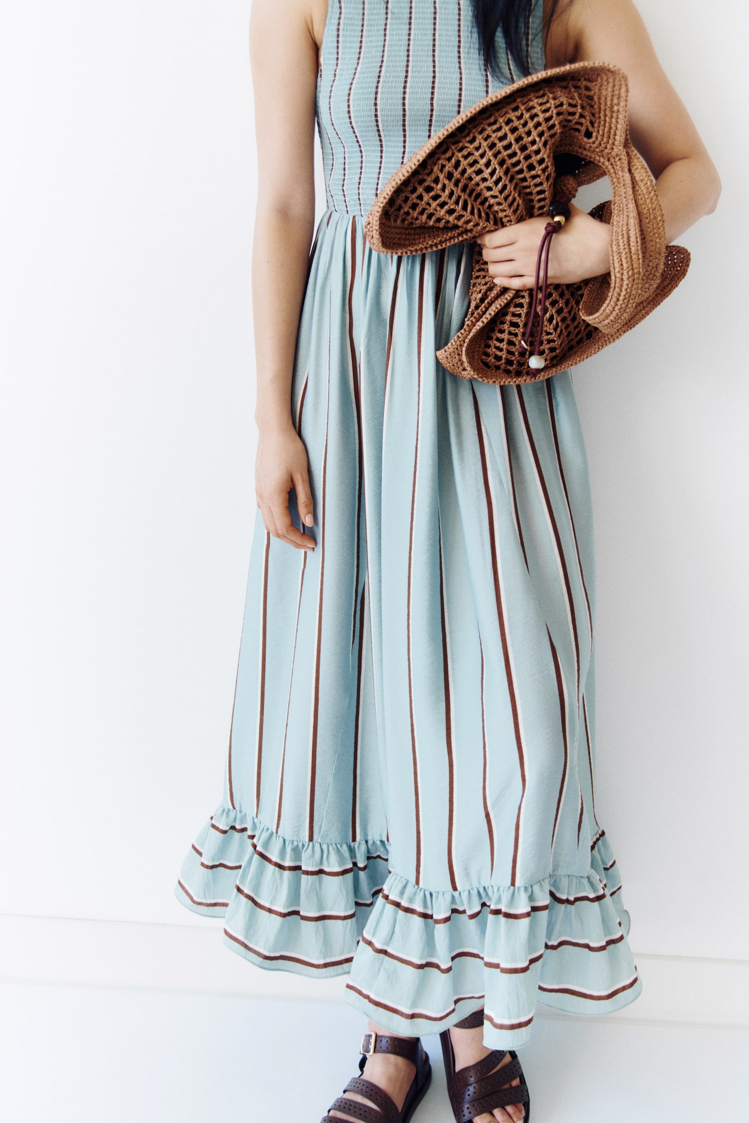 Smocked-bodice dress - Light dusty turquoise/Striped - 5