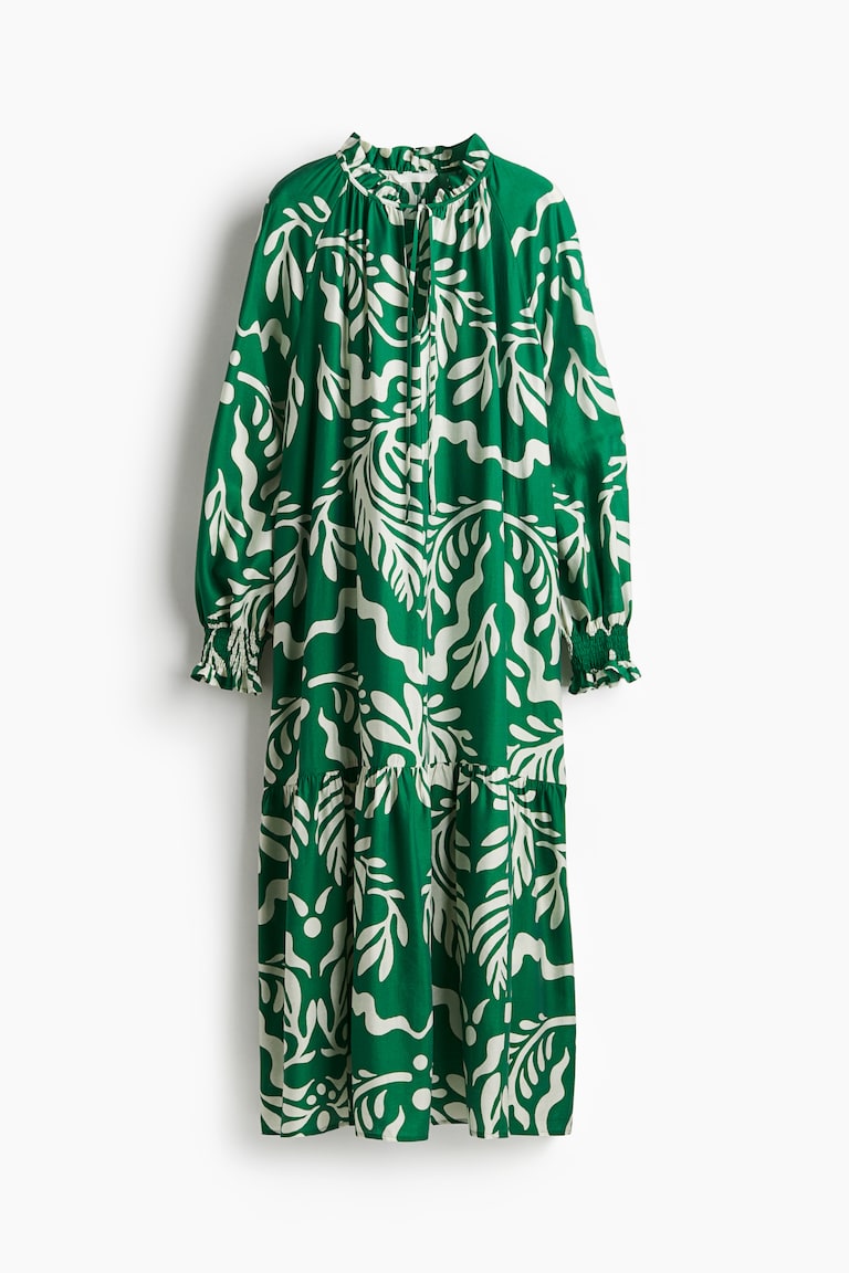Ladies - Green/Cream Patterned Frill-collar dress - Size: XXS - H&M