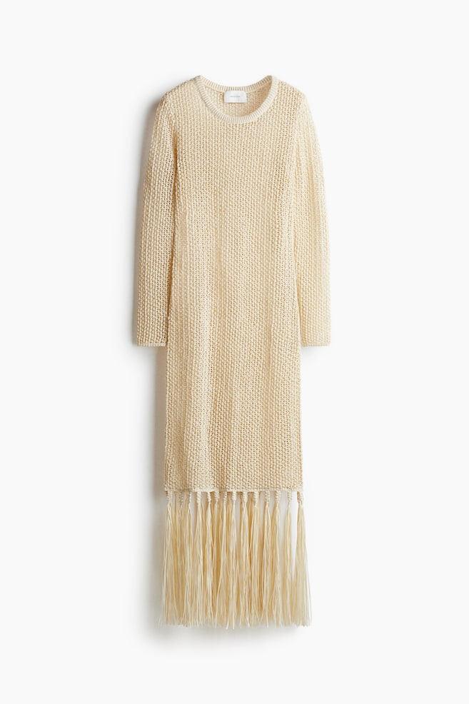 Vestido efecto crochet con flecos - Beige claro - 1