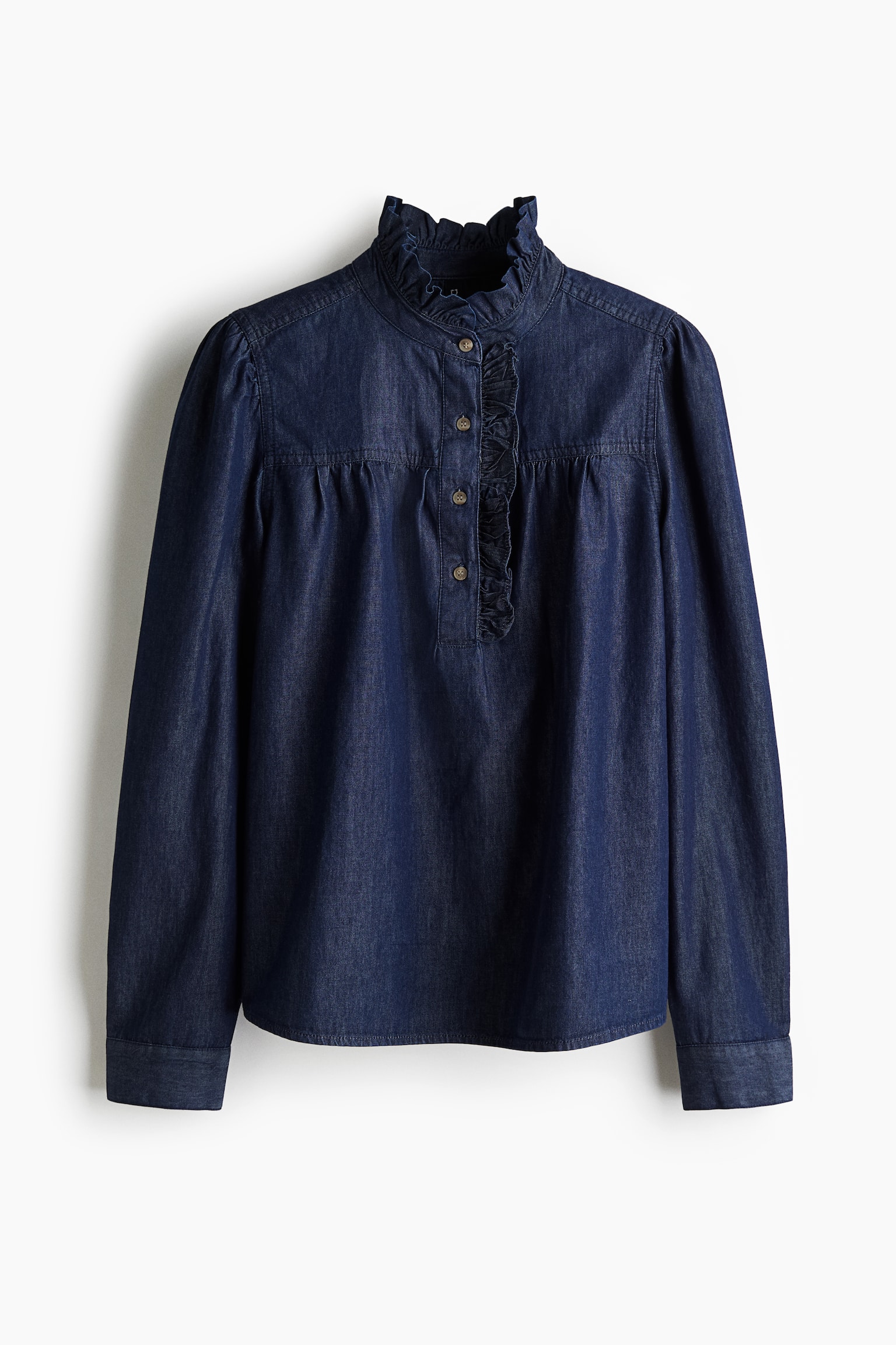 Женская блузка H&M Ruffled-Collar Denim Blouse, цвет: Тёмный джинсовый синий — фото 1