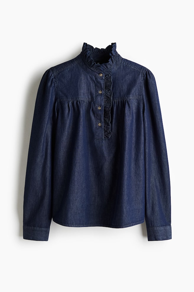 Ruffled-Collar Denim Blouse - Dark denim blue - 1