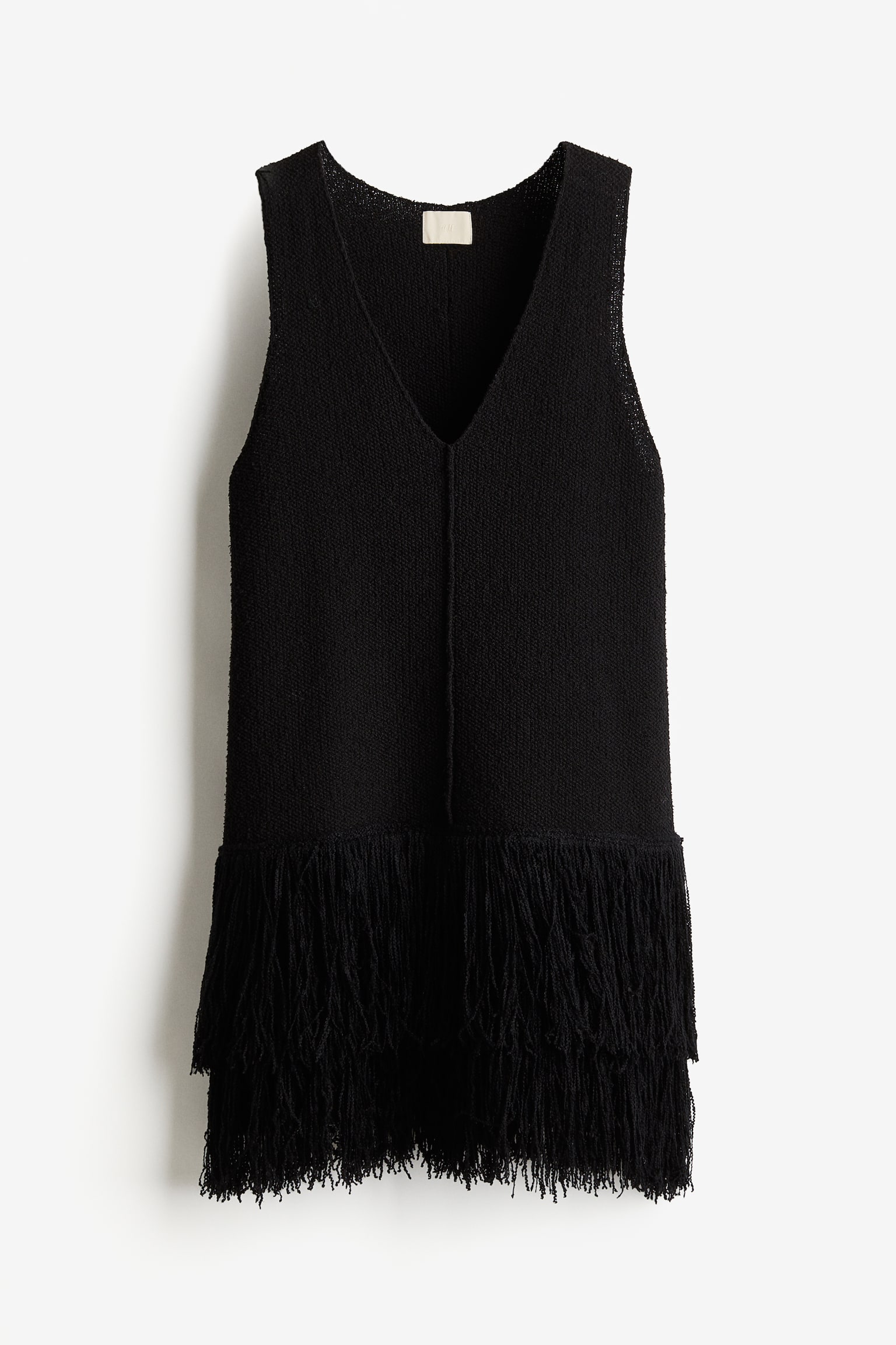 Fringe Trim Knit Dress - Black - 2