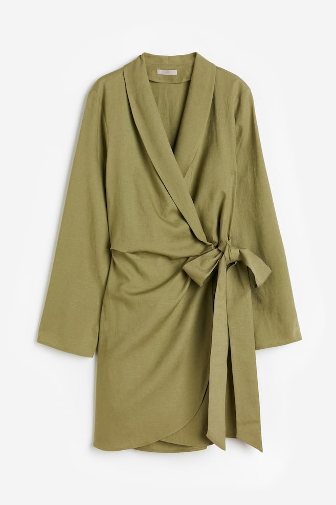 Linen-blend wrap dress - Khaki green/Black/Cream - 2