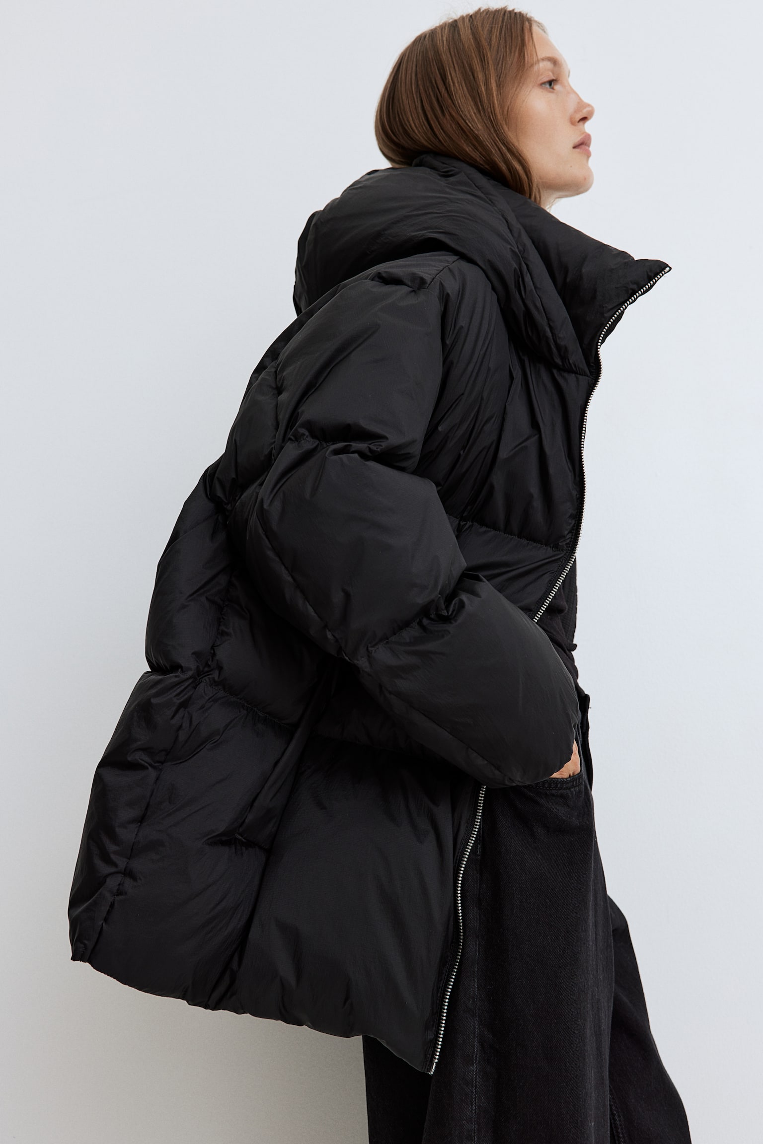 Oversized down puffer jacket - Black/Dark khaki green/Greige - 1