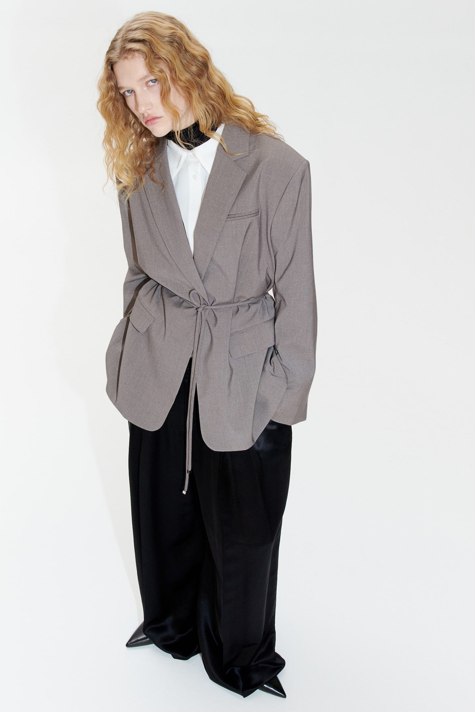 Tie Belt Blazer - Grey - 5