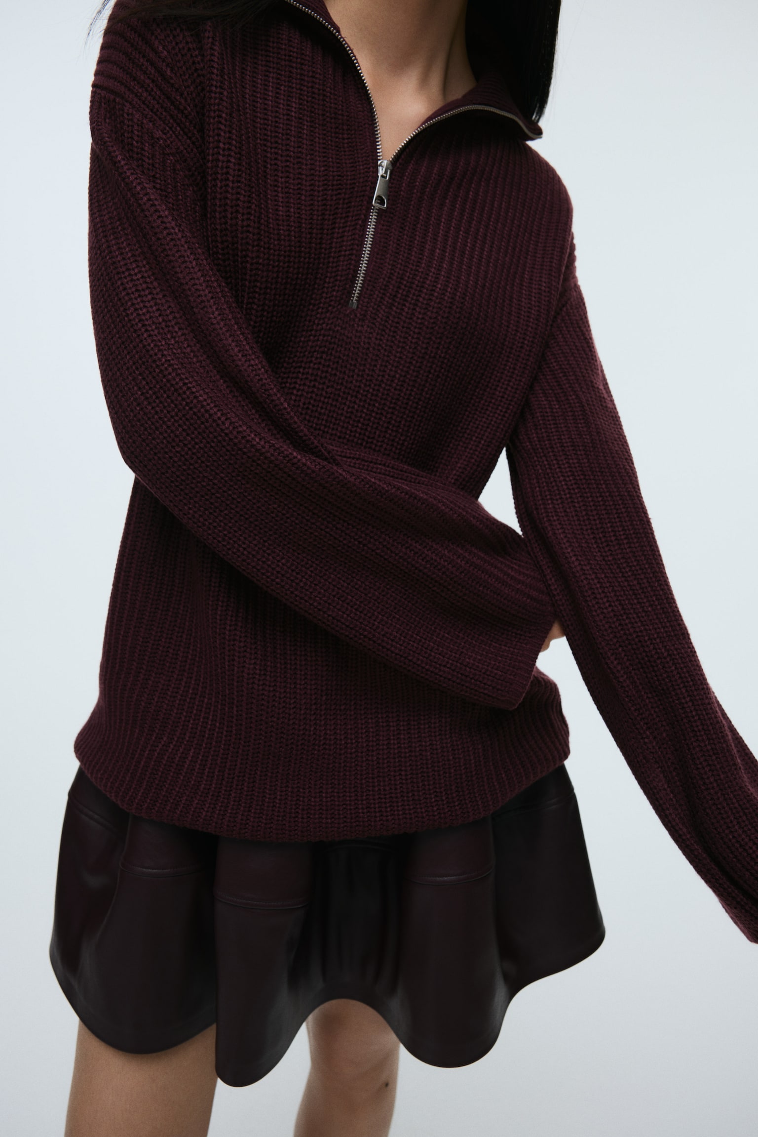 Chunky-knit zip-top jumper - Plum red/Black/Navy blue/Light beige/Striped/Grey/Bright red - 3