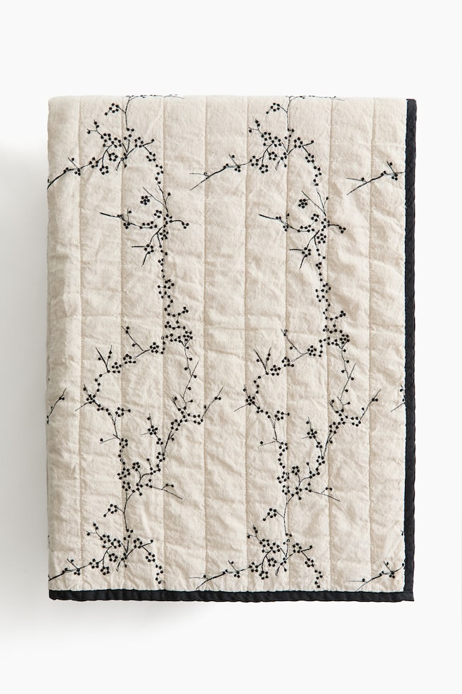 Embroidered-Detail Linen-Blend Blanket - Light beige/floral - 1