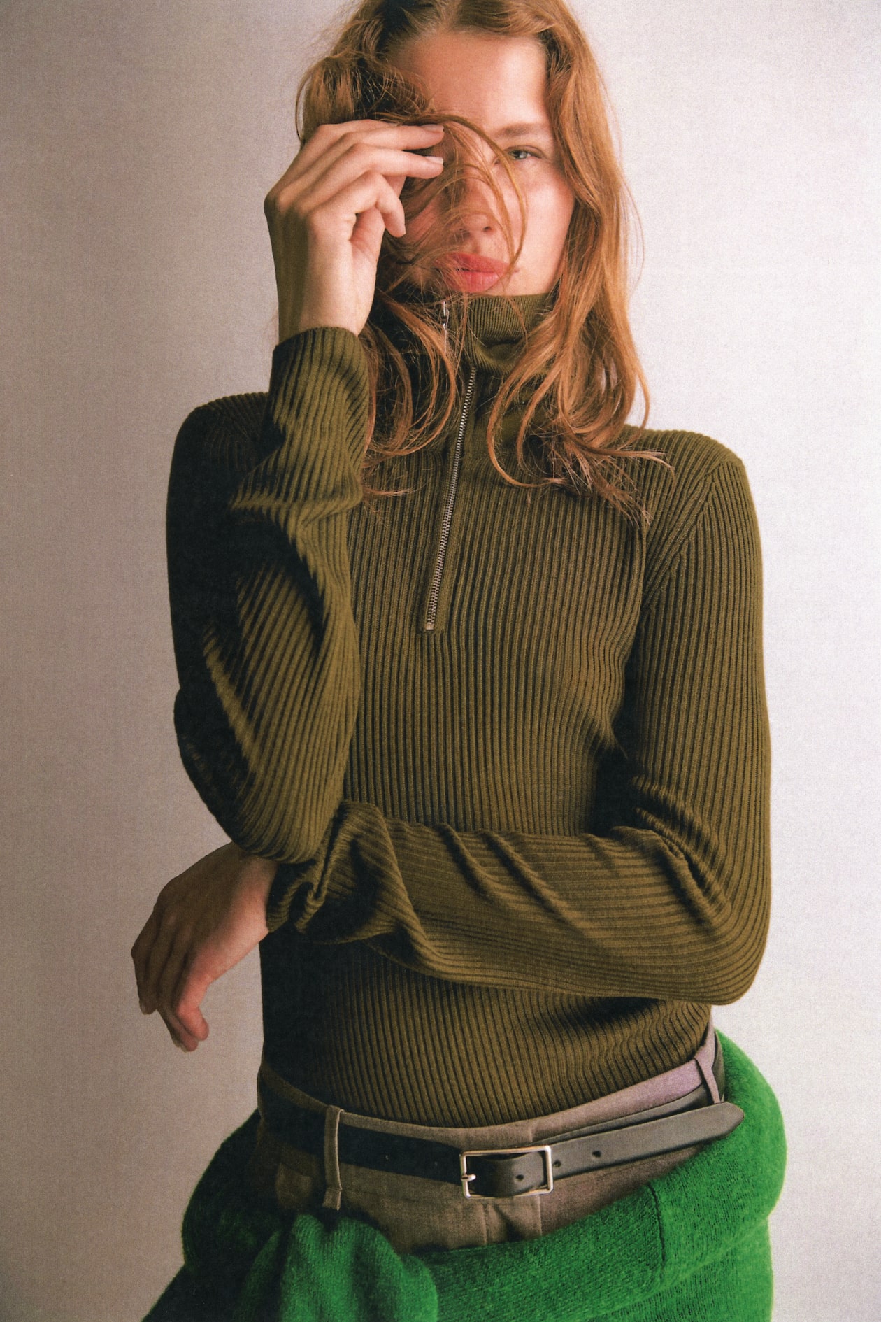 Rib-Knit Half-Zip Top - Dark khaki green - Ladies | H&M US