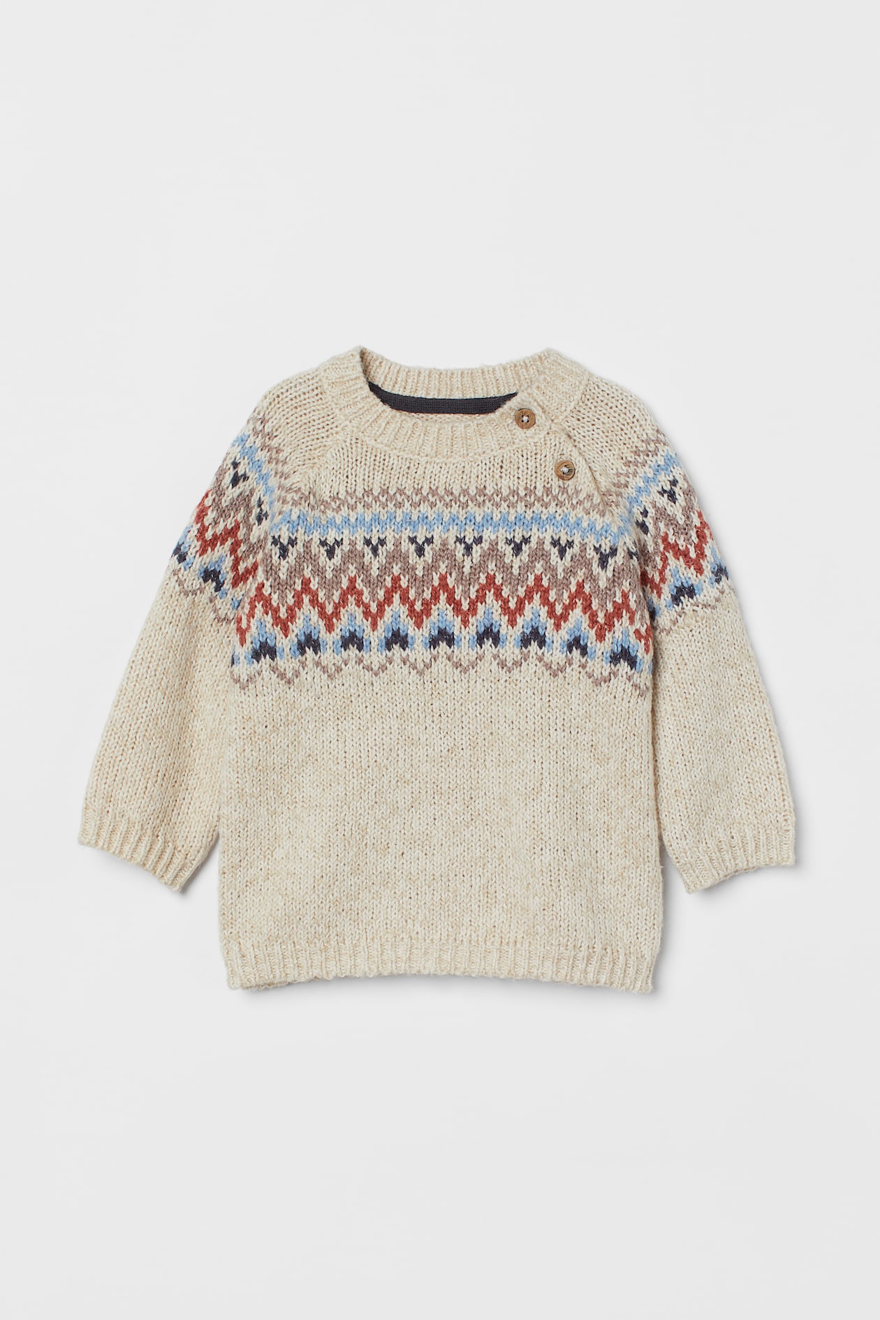 Jacquard-knit Sweater - Round Neck - Long sleeve - Dark beige/patterned ...