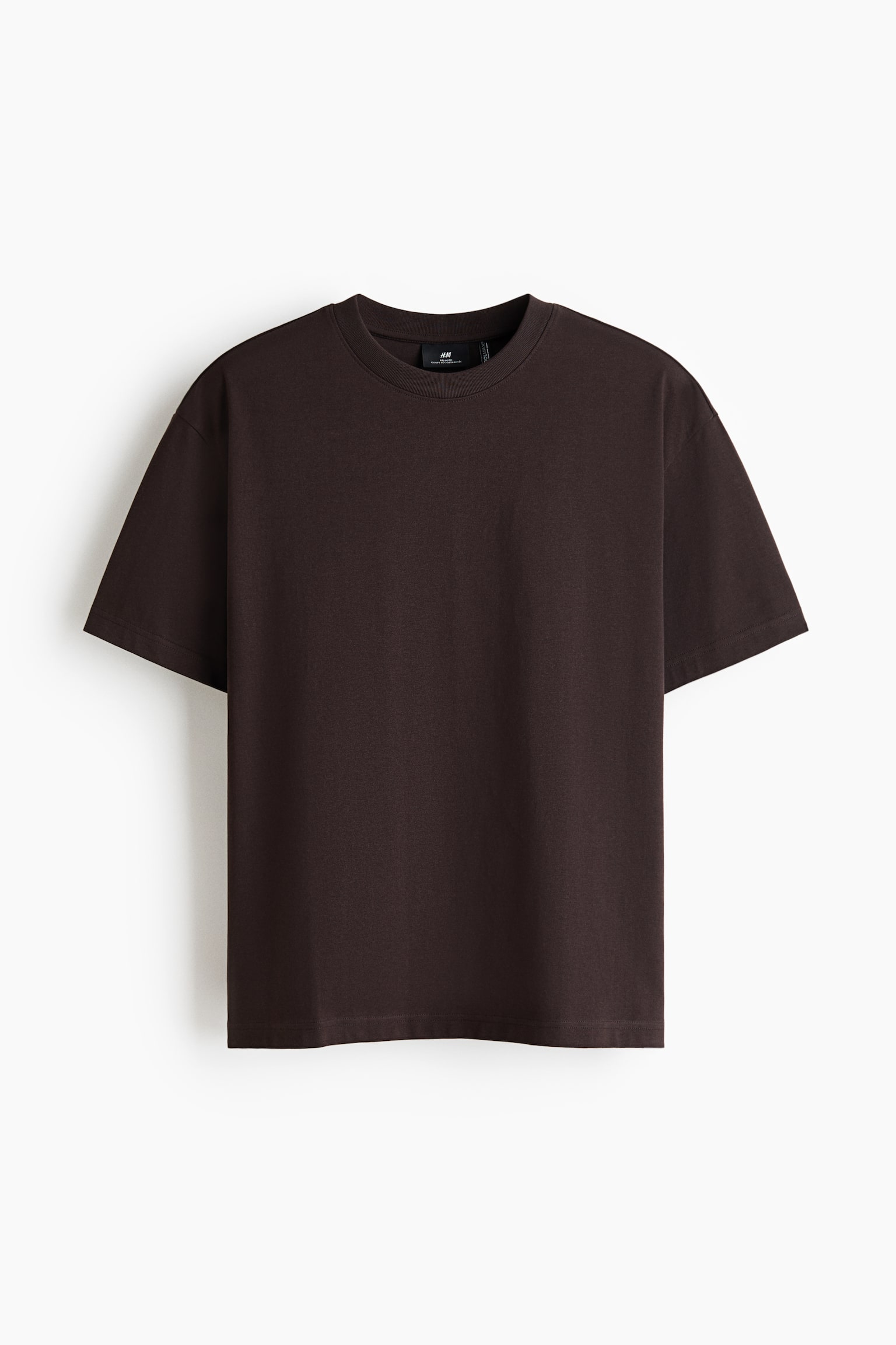 A dark brown t-shirt is being presented flat, facing forward. It is featuring a ribbed crew neck, short wide sleeves, and a straight hem. - 1