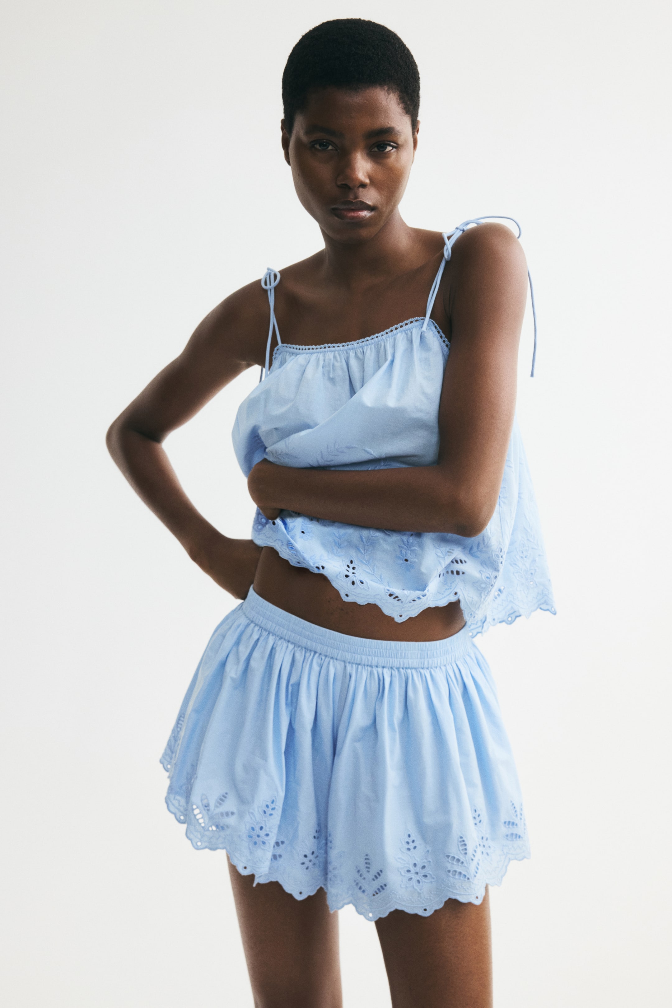 Pull-On Shorts with Eyelet Embroidery