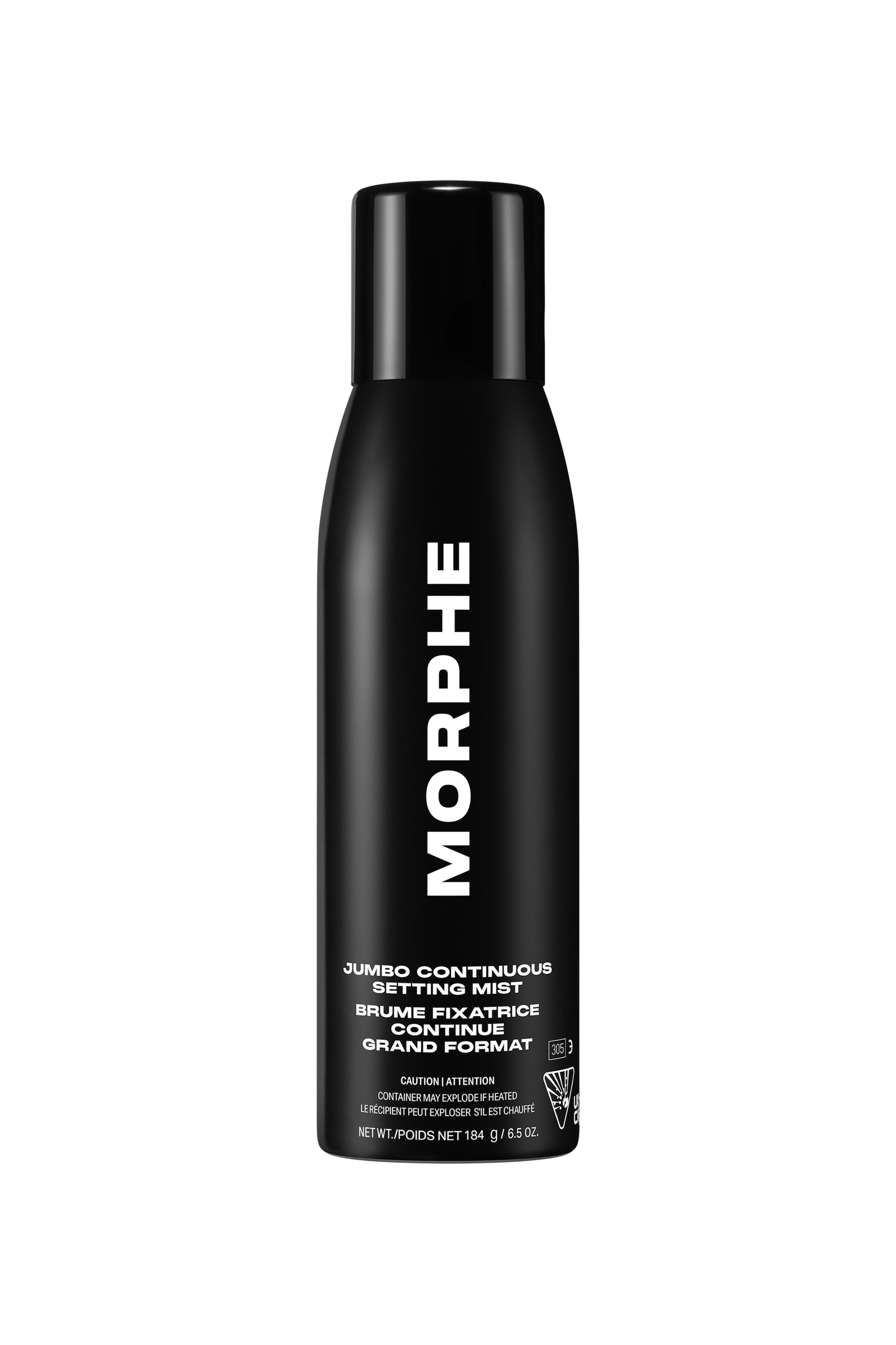 Se større billede: En sort Morphe Jumbo Continuous Setting Mist flaske står frontvendt, med en blank sort hætte. Hvid tekst viser "MORPHE" lodret langs siden og produktdetaljer, herunder "JUMBO CONTINUOUS SETTING MIST," vandret på forsiden.
